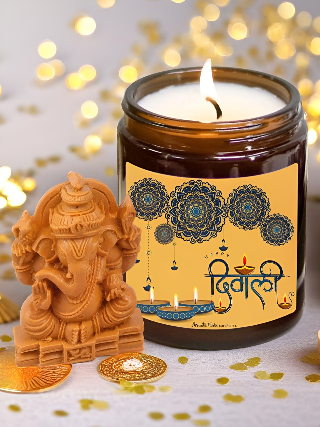 Aromatic Fables White Round Scented Jar Candle With Ganesh Ji Idol