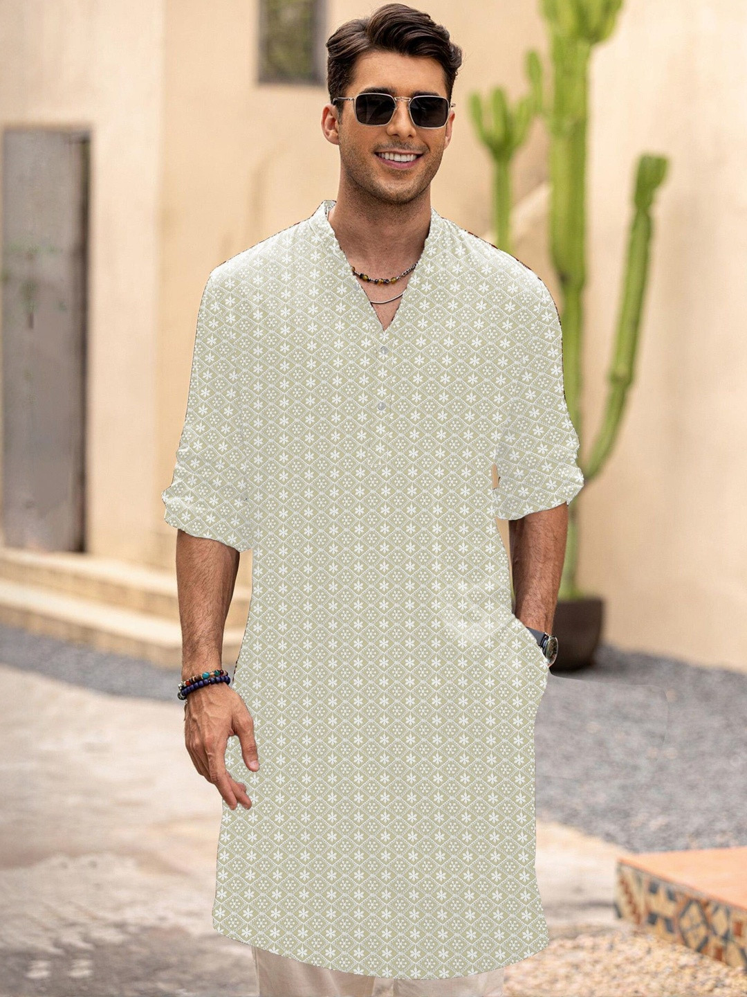 Anouk Men V-Neck Cotton Geometric Embroidered Chikankari Straight Kurta