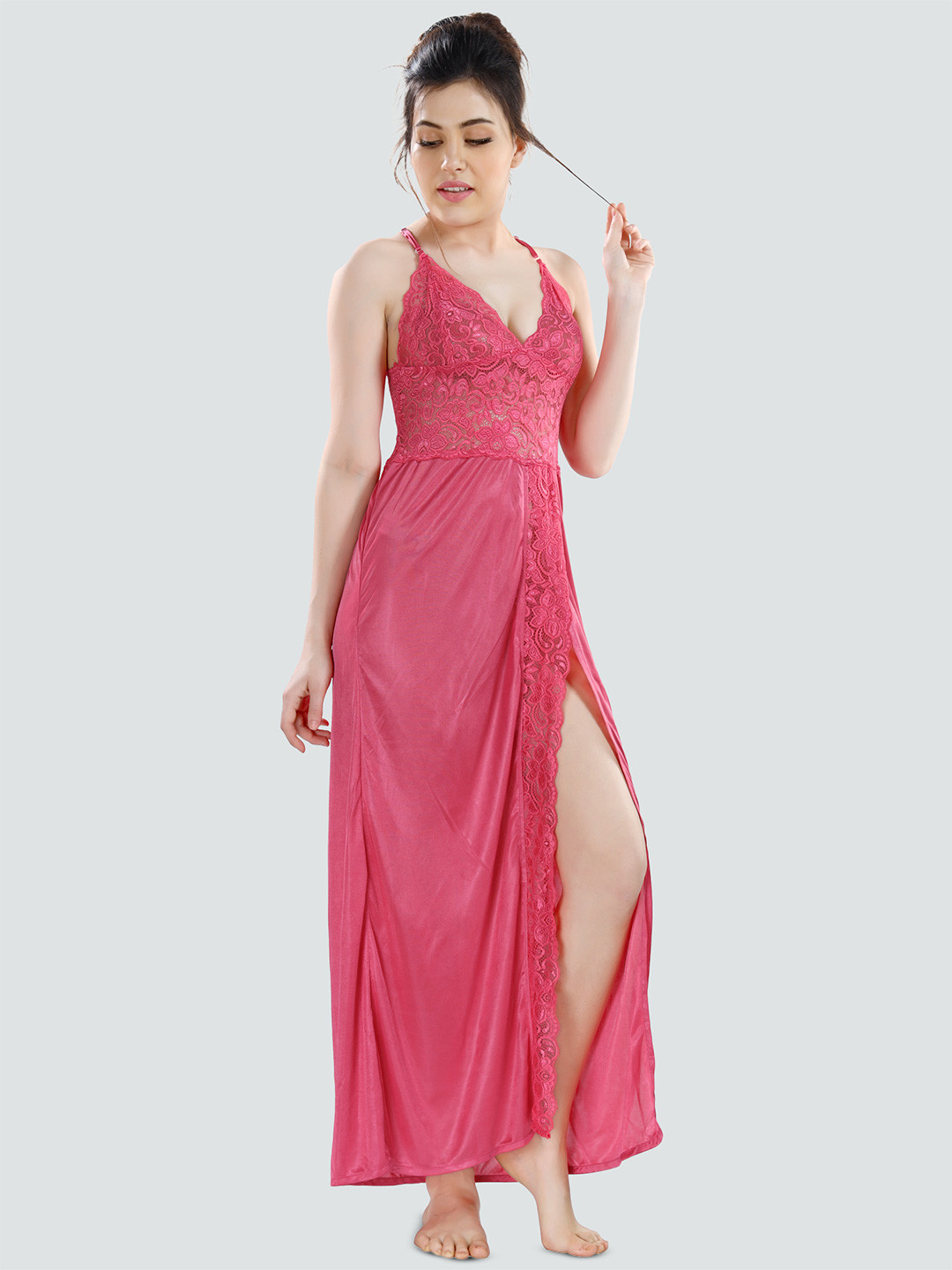 Dreambe Women Pink lace Satin Maxi Night Dress