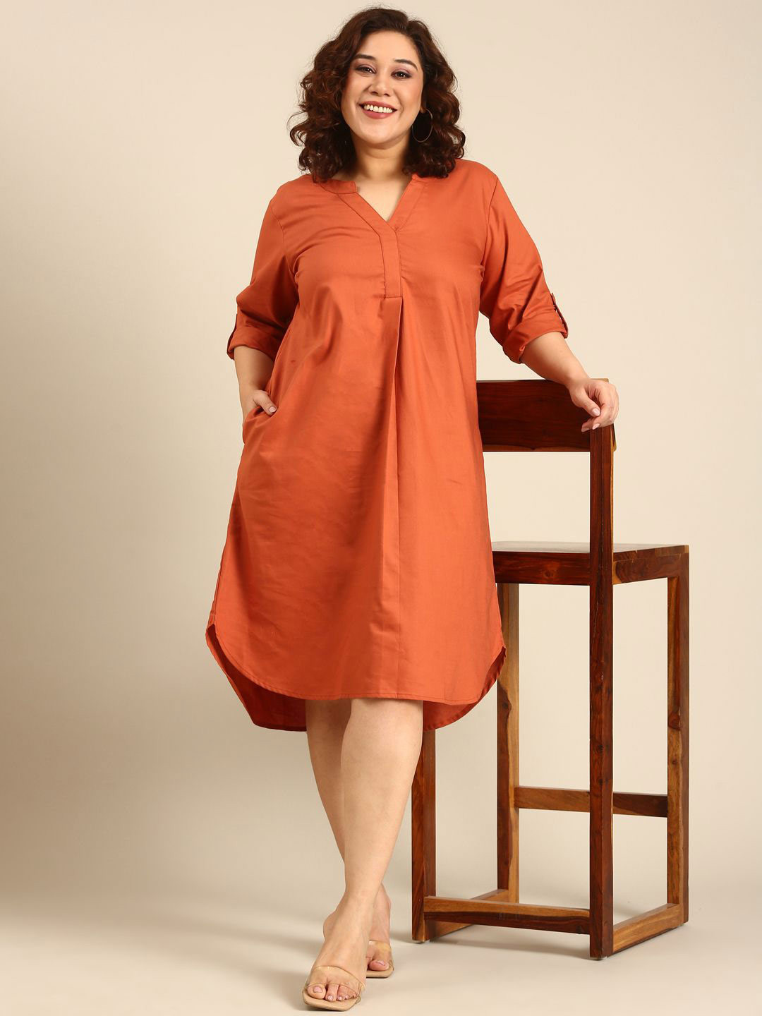 The Pink Moon Rust Cotton A-Line Midi Dress