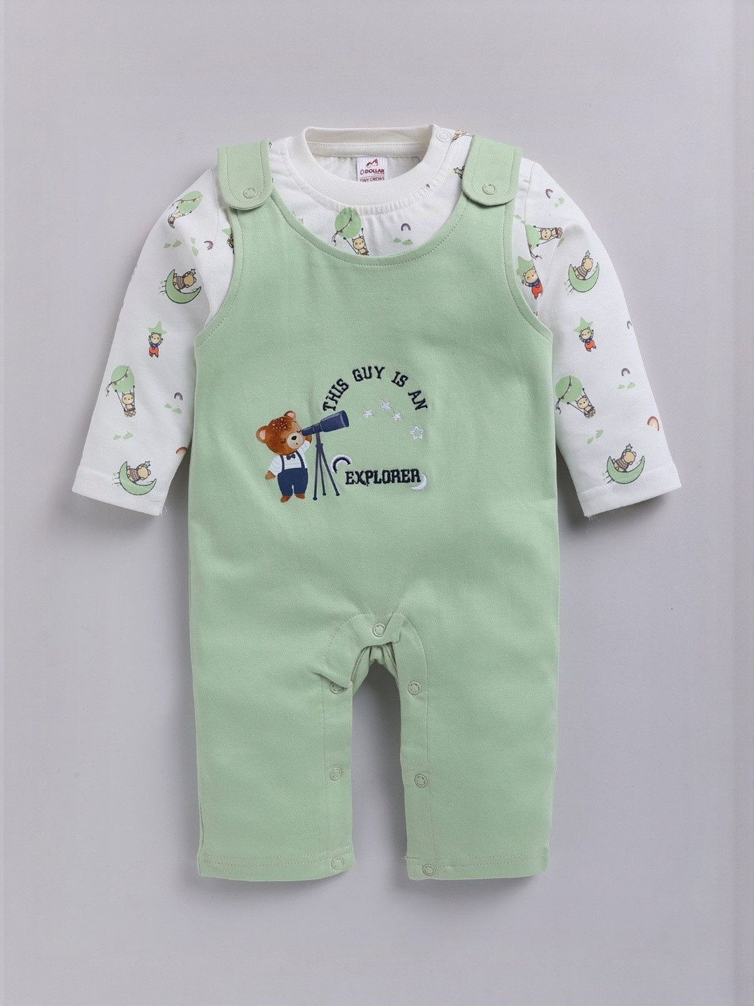 Dollar Kid Green Cotton Super Soft Striped Full Sleeve Dungarees With Pants