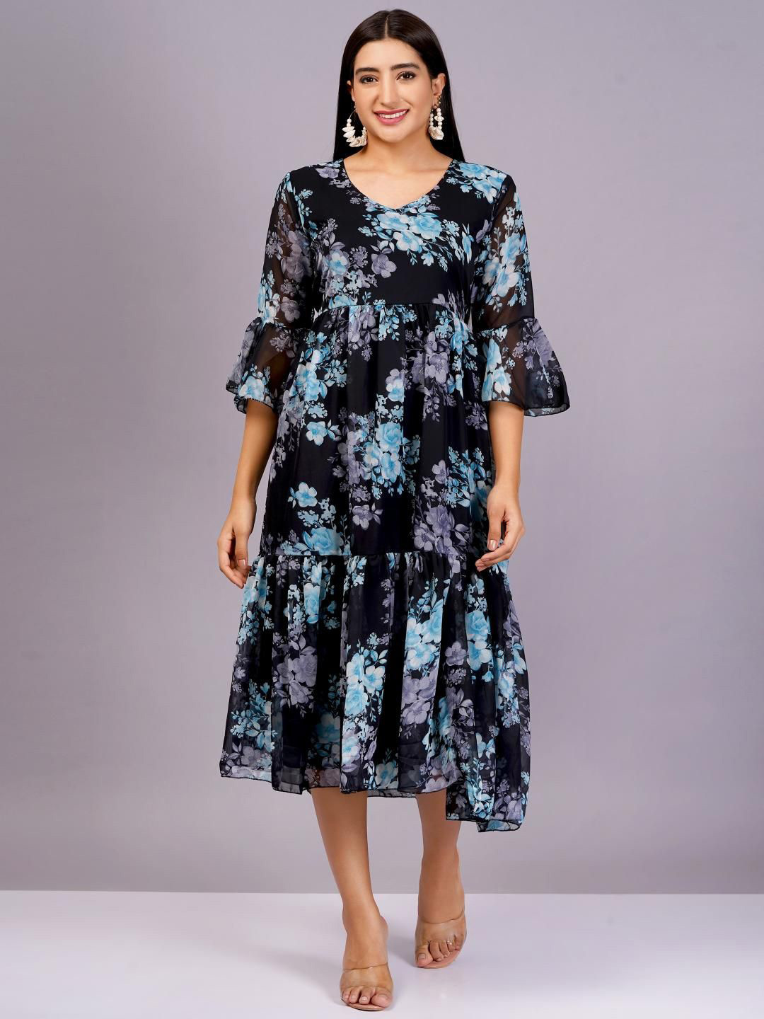 OH MI DIOS Floral Printed Ruffled Georgette Fit & Flare Midi Dress