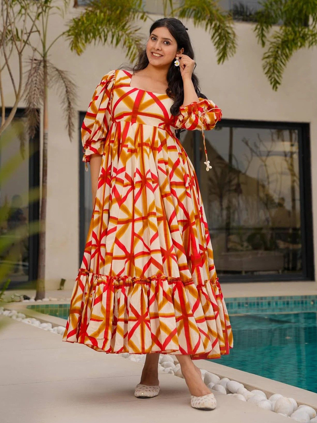 GLOSIA DESIGN Abstract Printed Square Neck Puffed Sleeve A-Line Maxi Dress