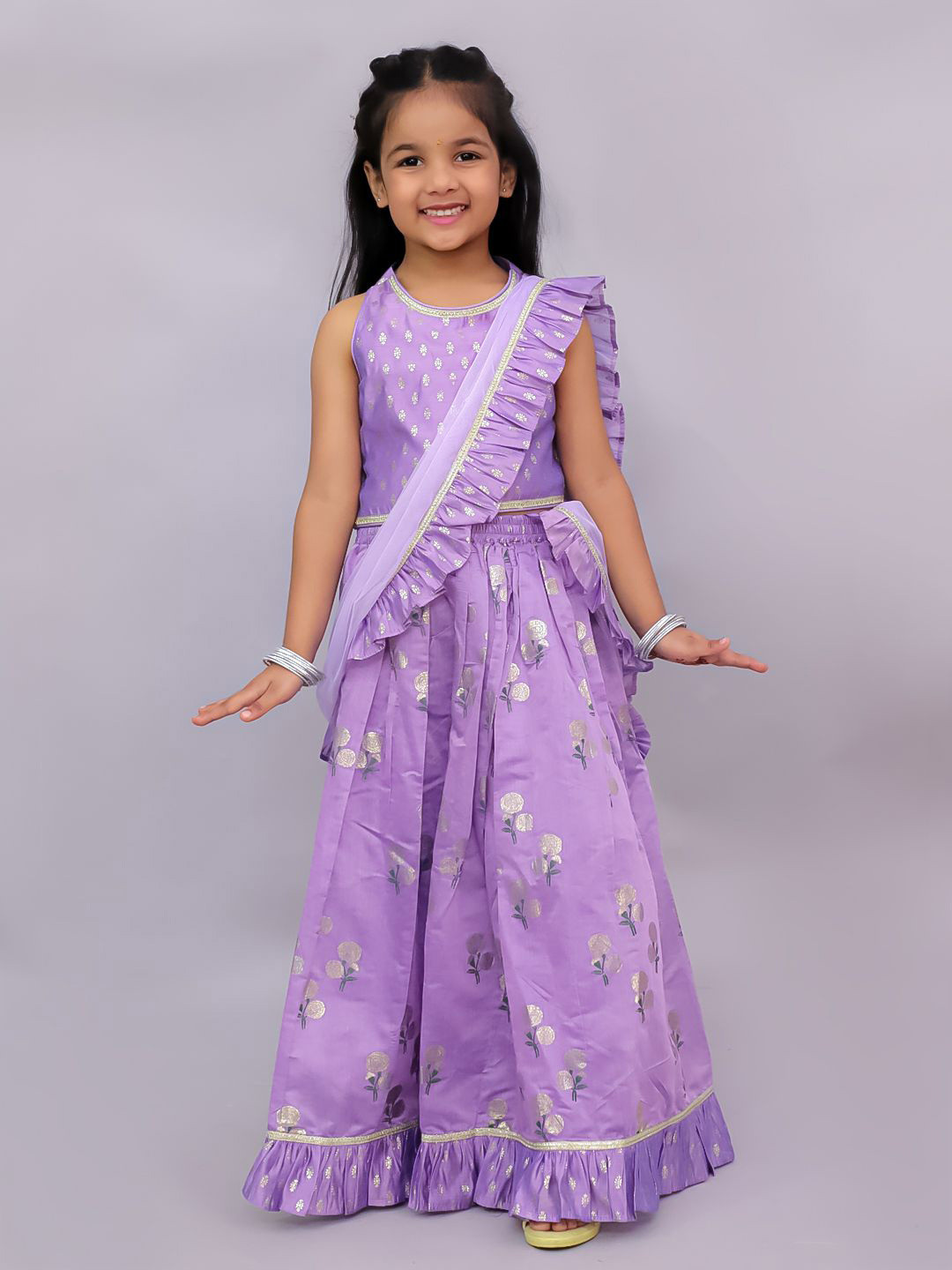 LIL DRAMA Girls Floral Printed Round Neck Cotton Lehanga Choli Set