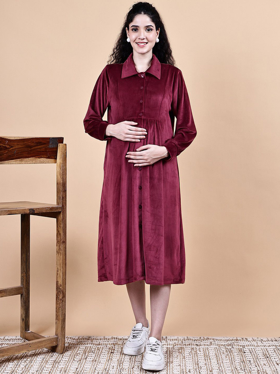 Secret Wish Women Shirt Collar Velvet Fit and Flare Maternity Dress