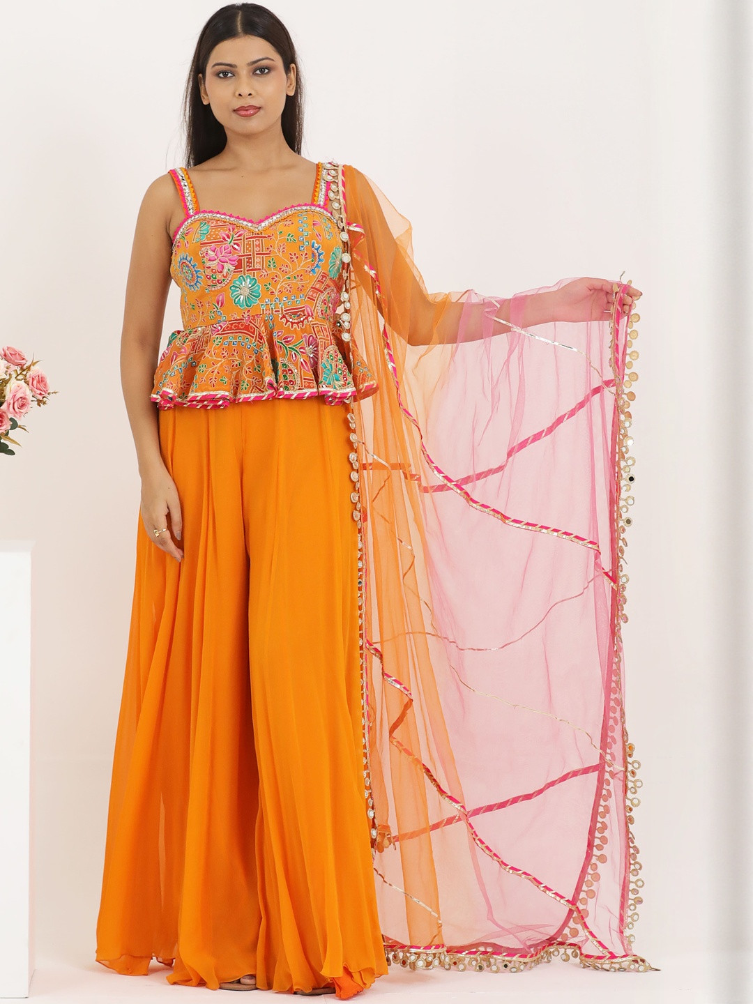 PUSHP PARIDHAN Women Floral Embroidered Regular Raw Silk Top with Palazzos & Dupatta