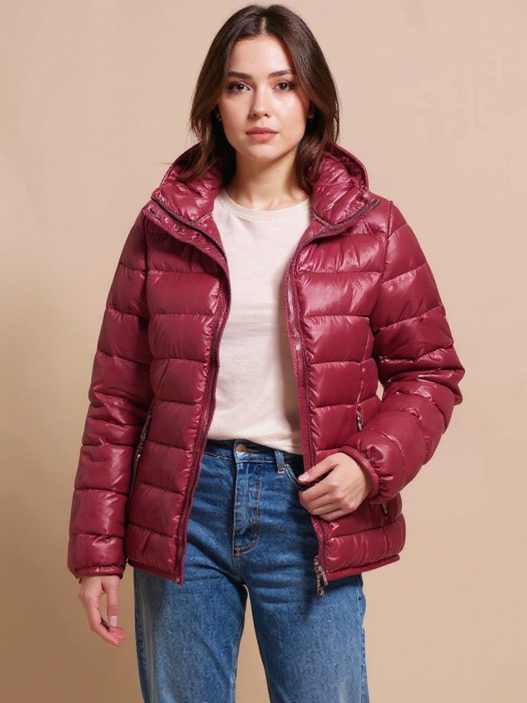 HERE&NOW Women Red Nylon Solid Puffer Puffer Jacket