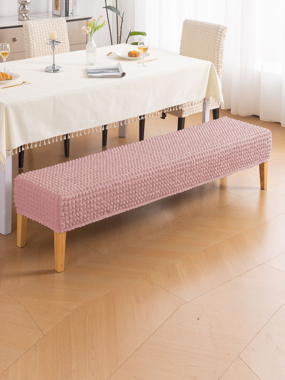 HOKIPO Aria Nova Tea Rose Pink 280 GSM Stretchable Bubble Large Dining Bench Cover