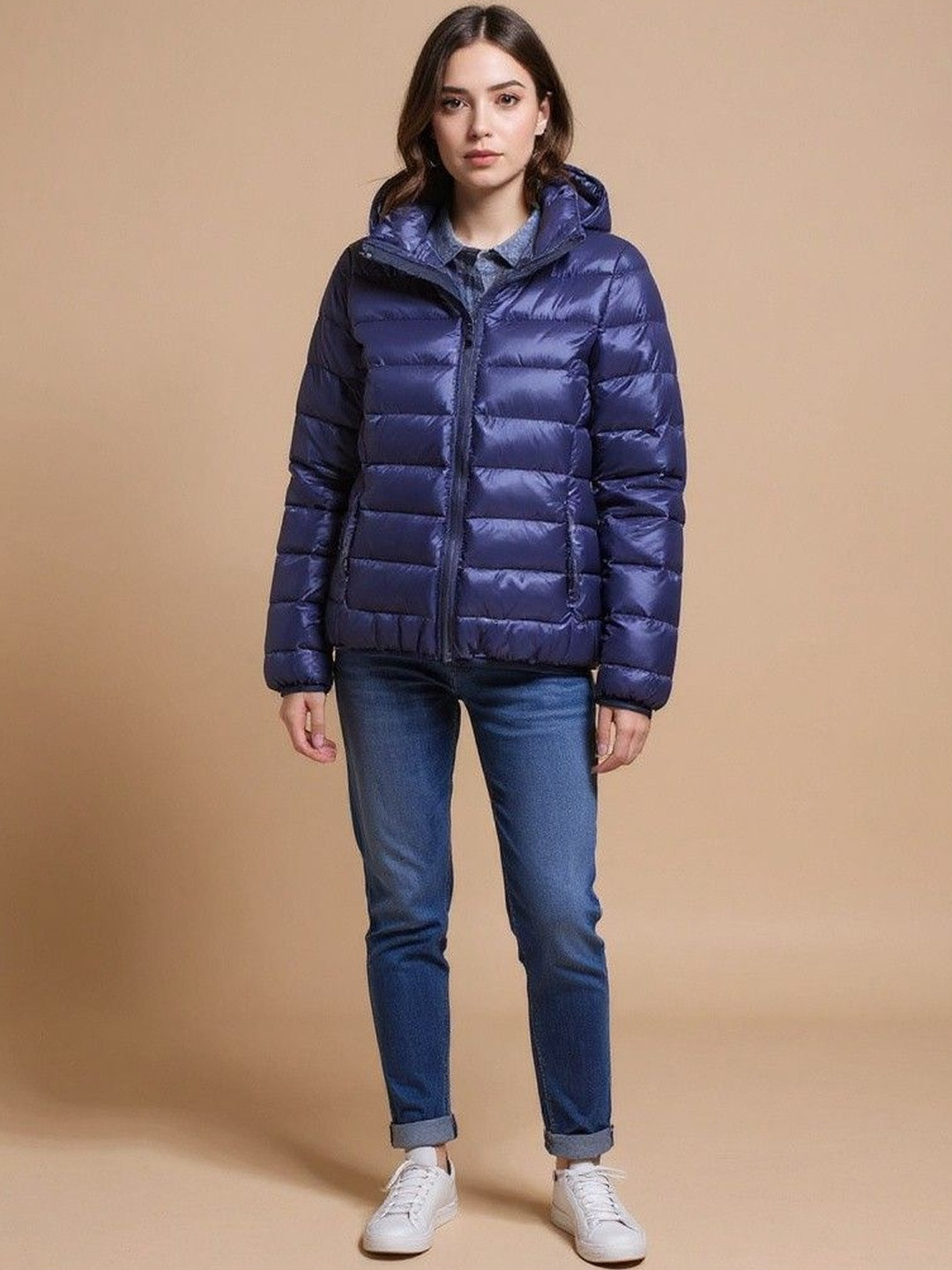 HERE&NOW Women Navy Blue Nylon Solid Puffer Jackets
