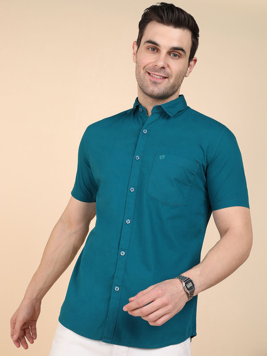 Sam and Jack Men Smart Slim Fit Solid Spread Collar Cotton Casual Shirt