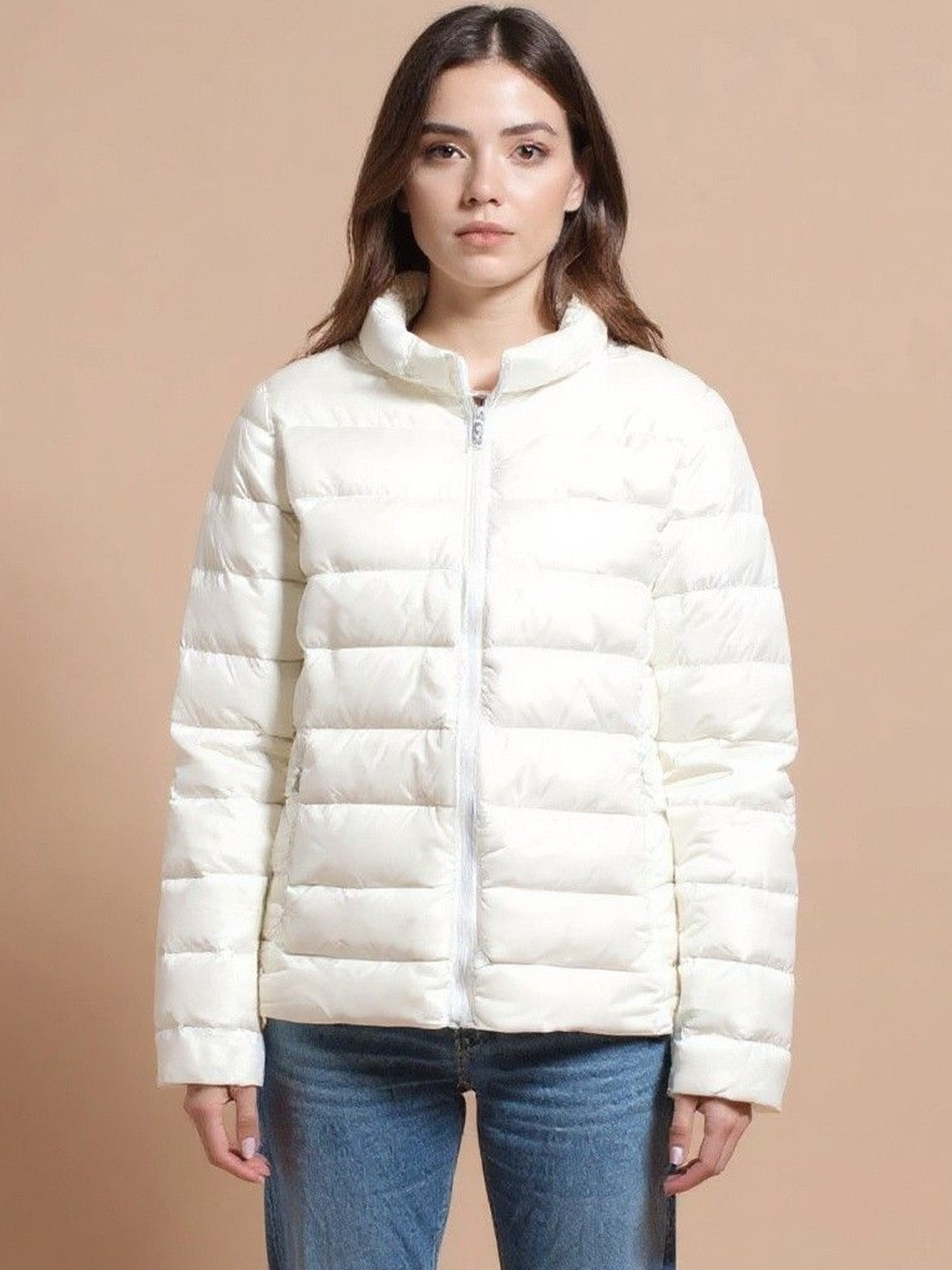 HERE&NOW Women White Nylon Solid Puffer Jackets