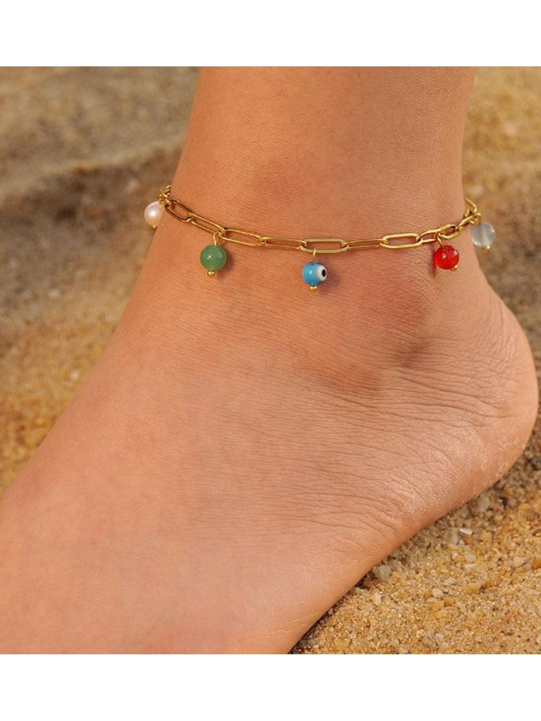 DIMPLERY Stainless Steel Gold-Plated Artificial Beaded Evil Eye Charms Anklet