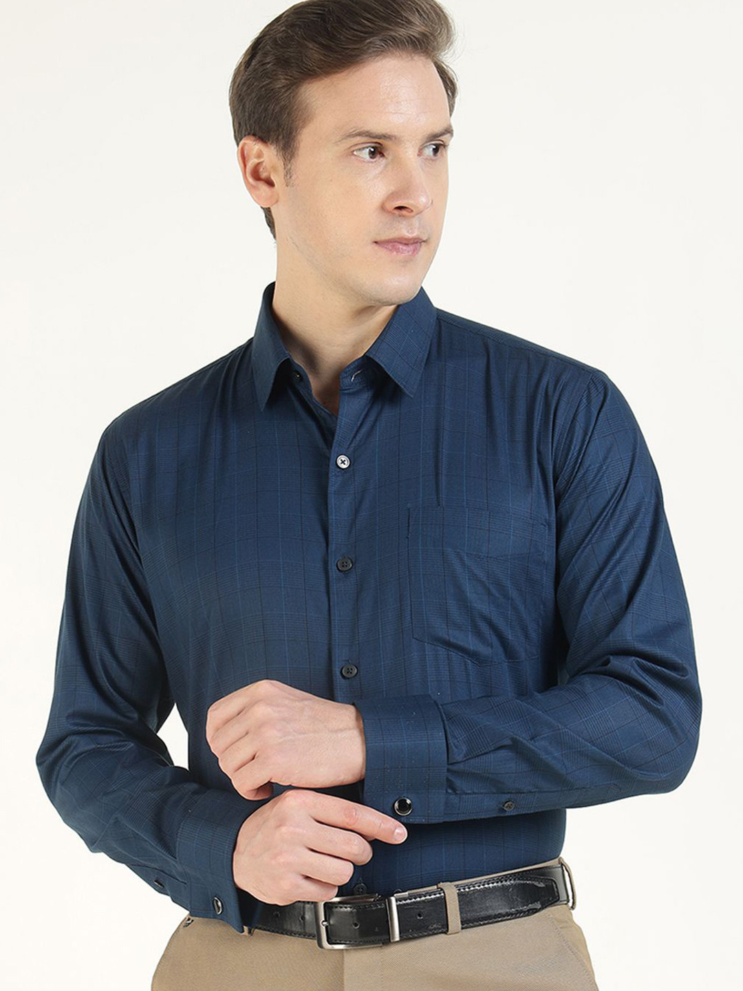 Hancock Men Checked Cotton Stretch Slim Fit French Cuff Formal Shirt
