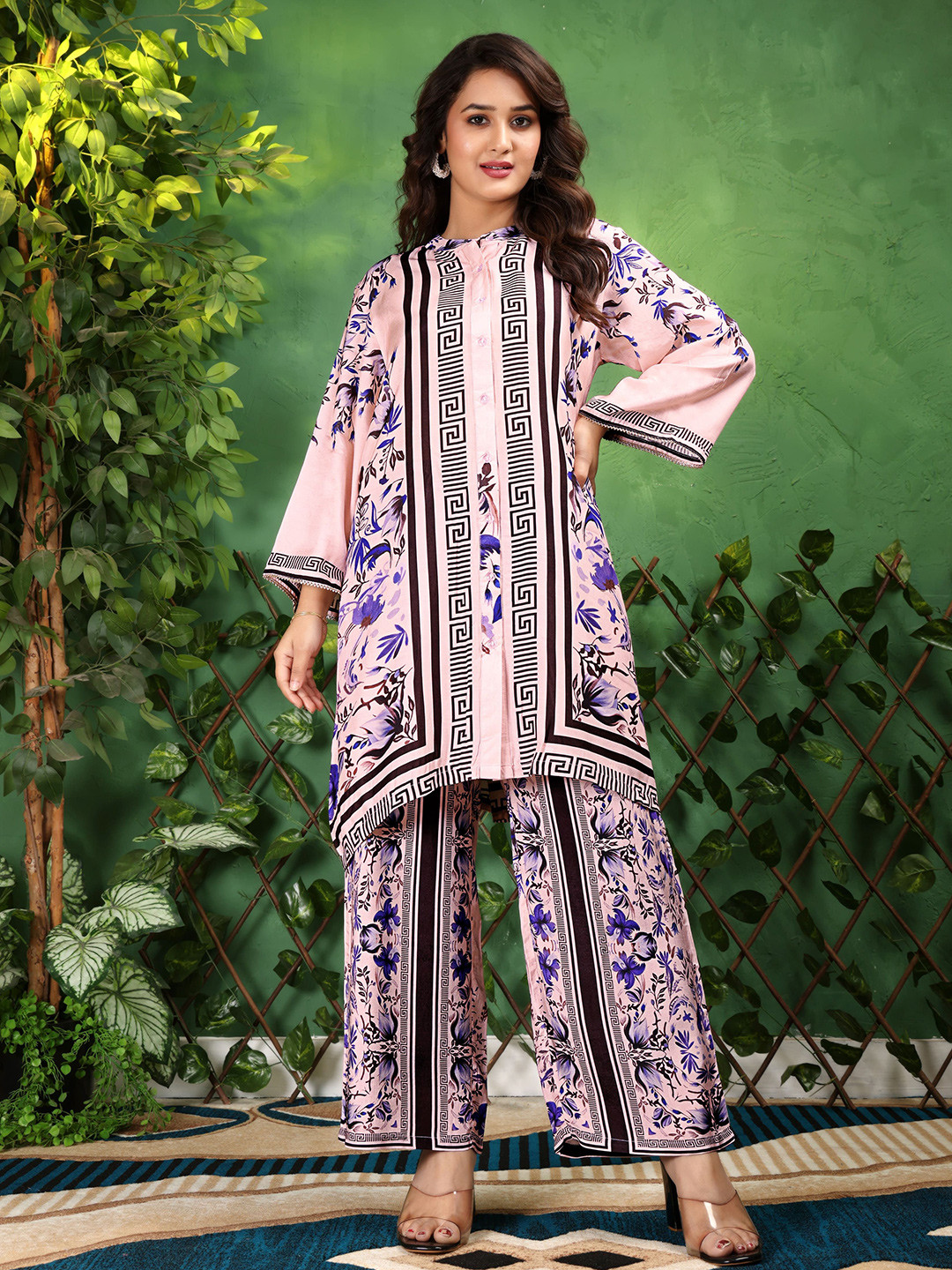 Bhageerath Couture Printed Band Collar Pure Muslin Tunic With Palazzos