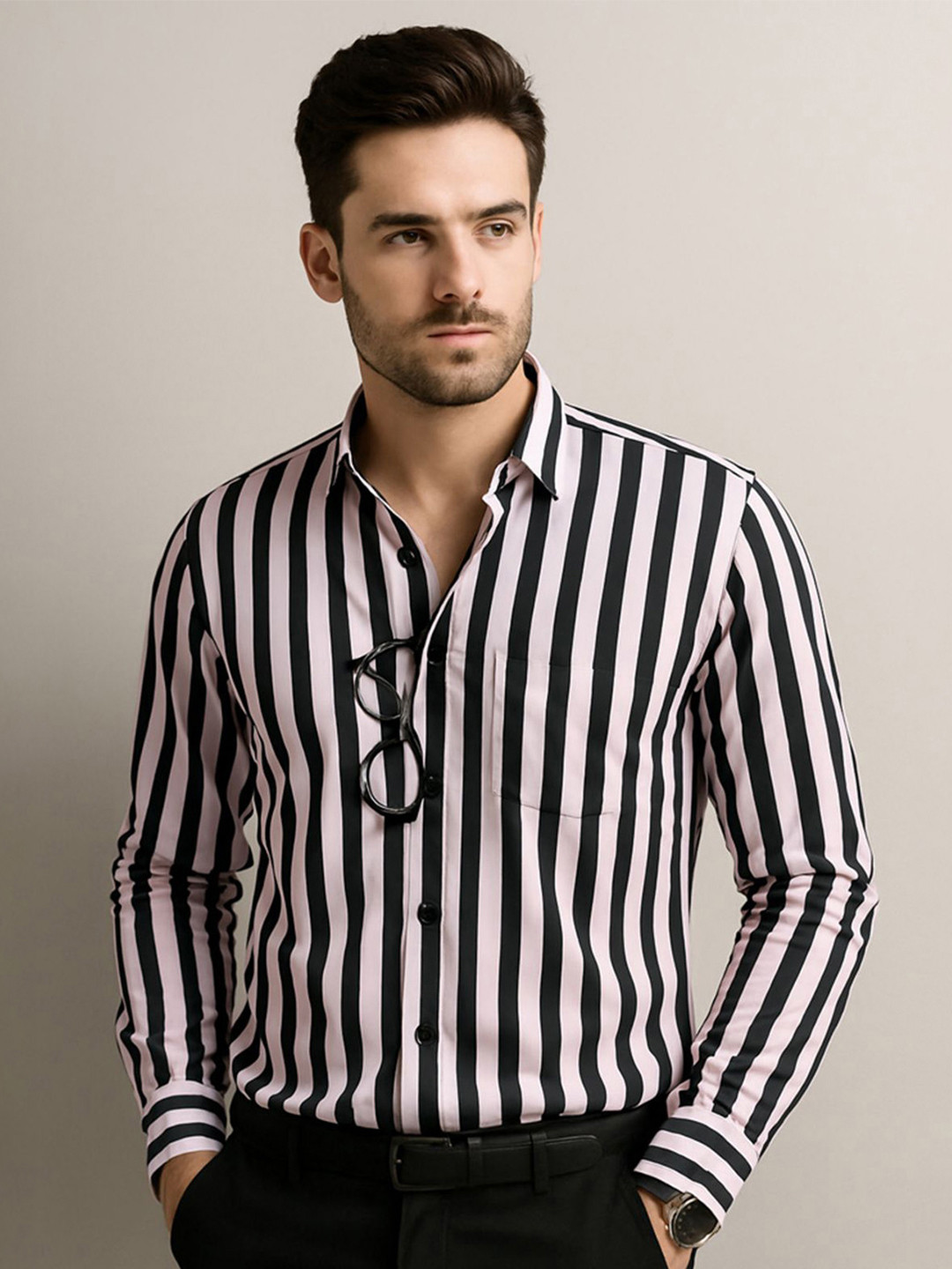 SONISHQ Men Original Fit Vertical Striped Spread Collar Cotton Casual Shirt