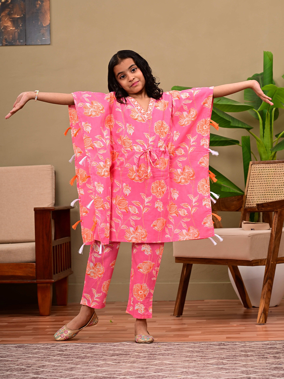 BAESD Girls Floral Printed V-Neck Pure Cotton Kaftan Clothing Set