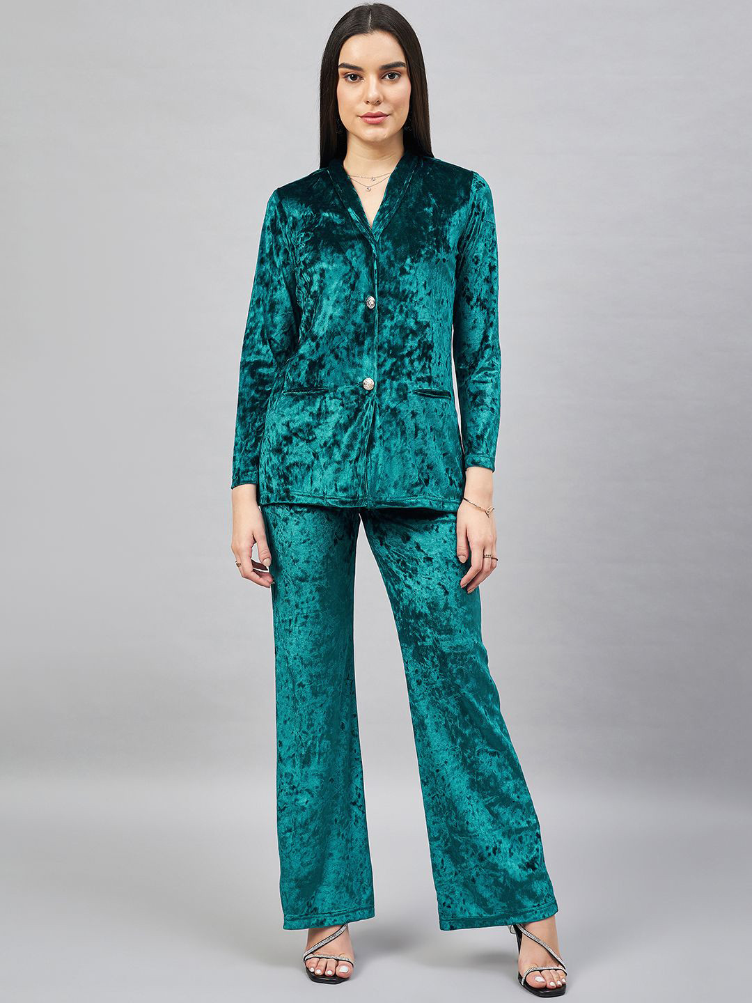 R.Code by The Roadster Life Co. Shawl Collar Self Design Velvet Blazer And Trousers