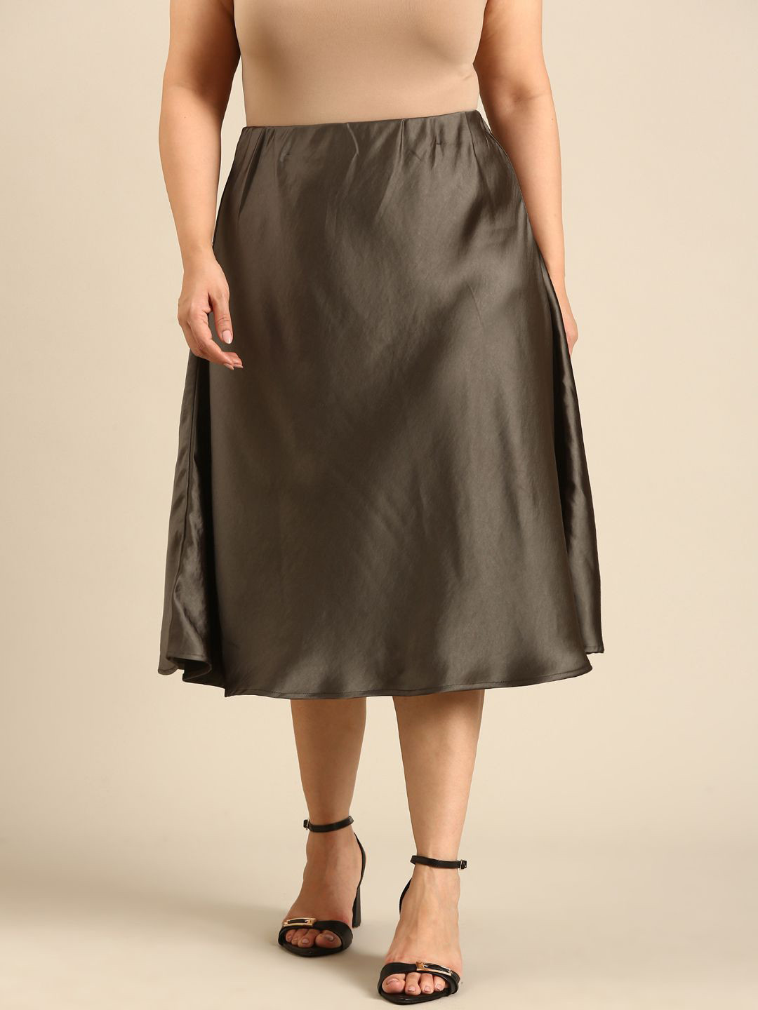The Pink Moon Women Satin Olive Flared A-Line Skirt