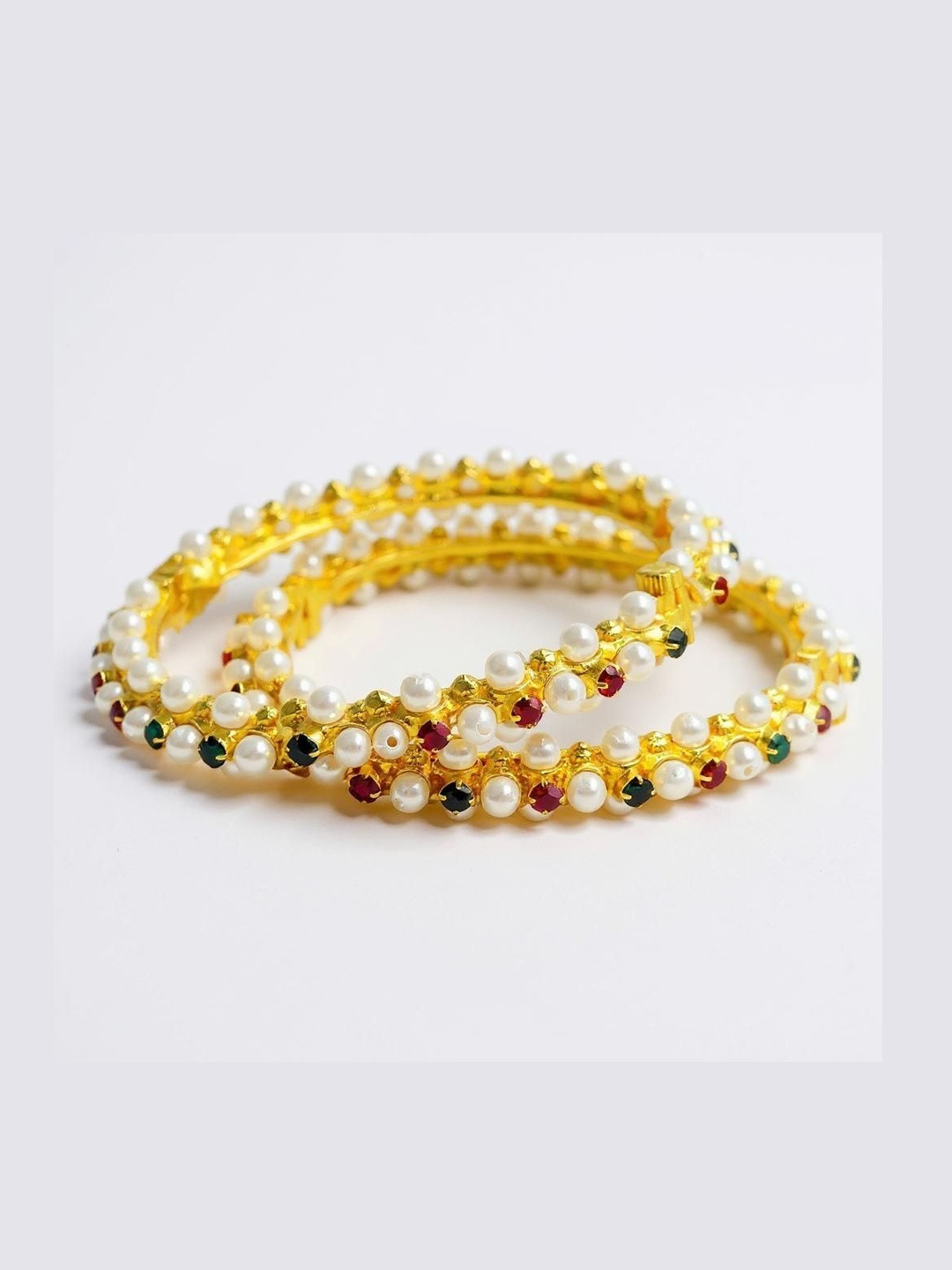 ANTIQUE JEWELLERY Pair of Elegant Gold Plated Pearl Bangles with Ruby & Emerald Accents