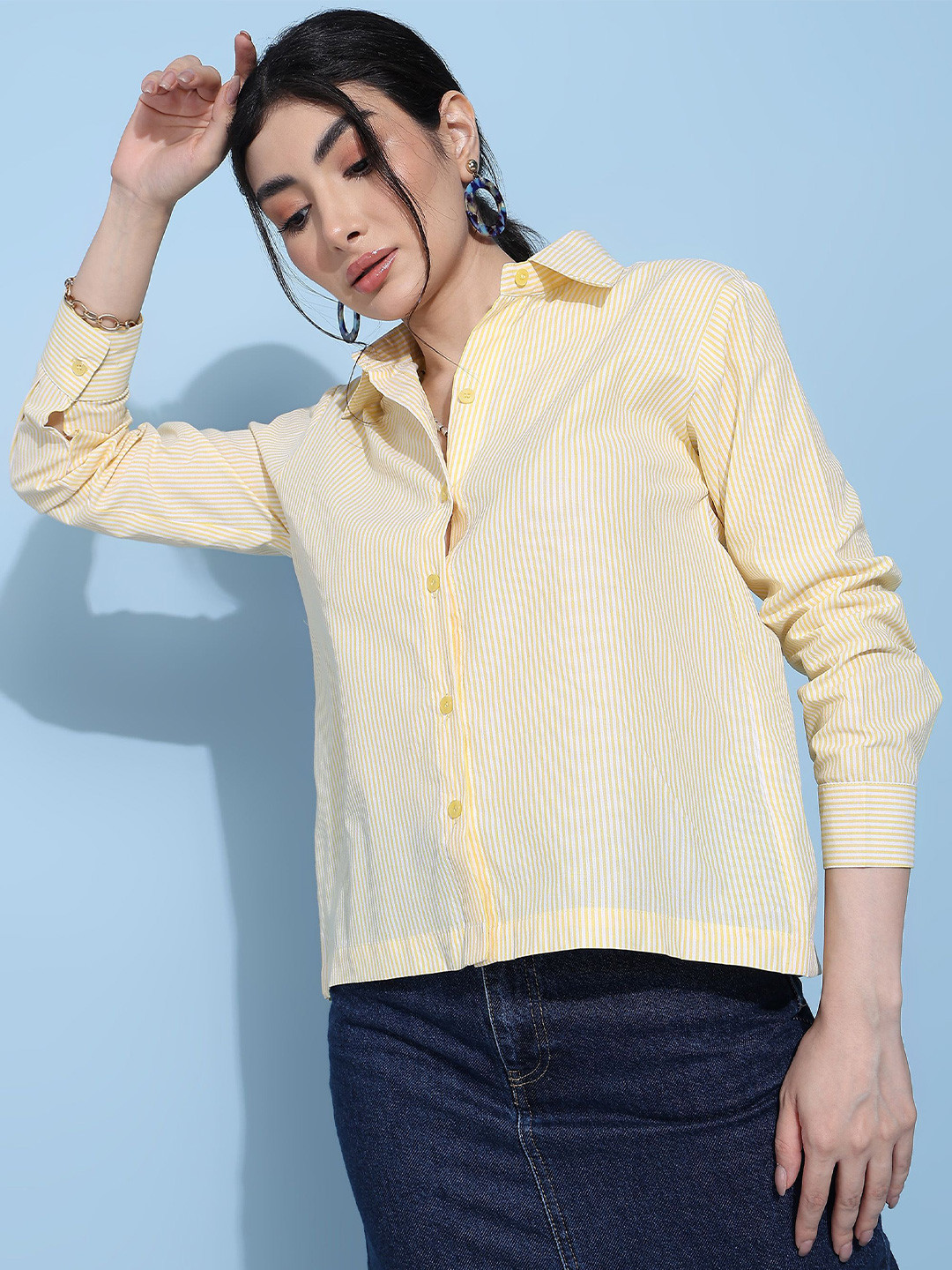 ANN SPRINGS Vertical Stripes Striped Spread Collar Long Sleeves Comfort Shirt