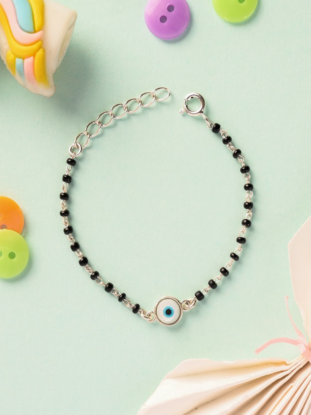 Clara Unisex Kids Silver Rhodium-Plated Evil Eye Nazariya Beaded Link Bracelet