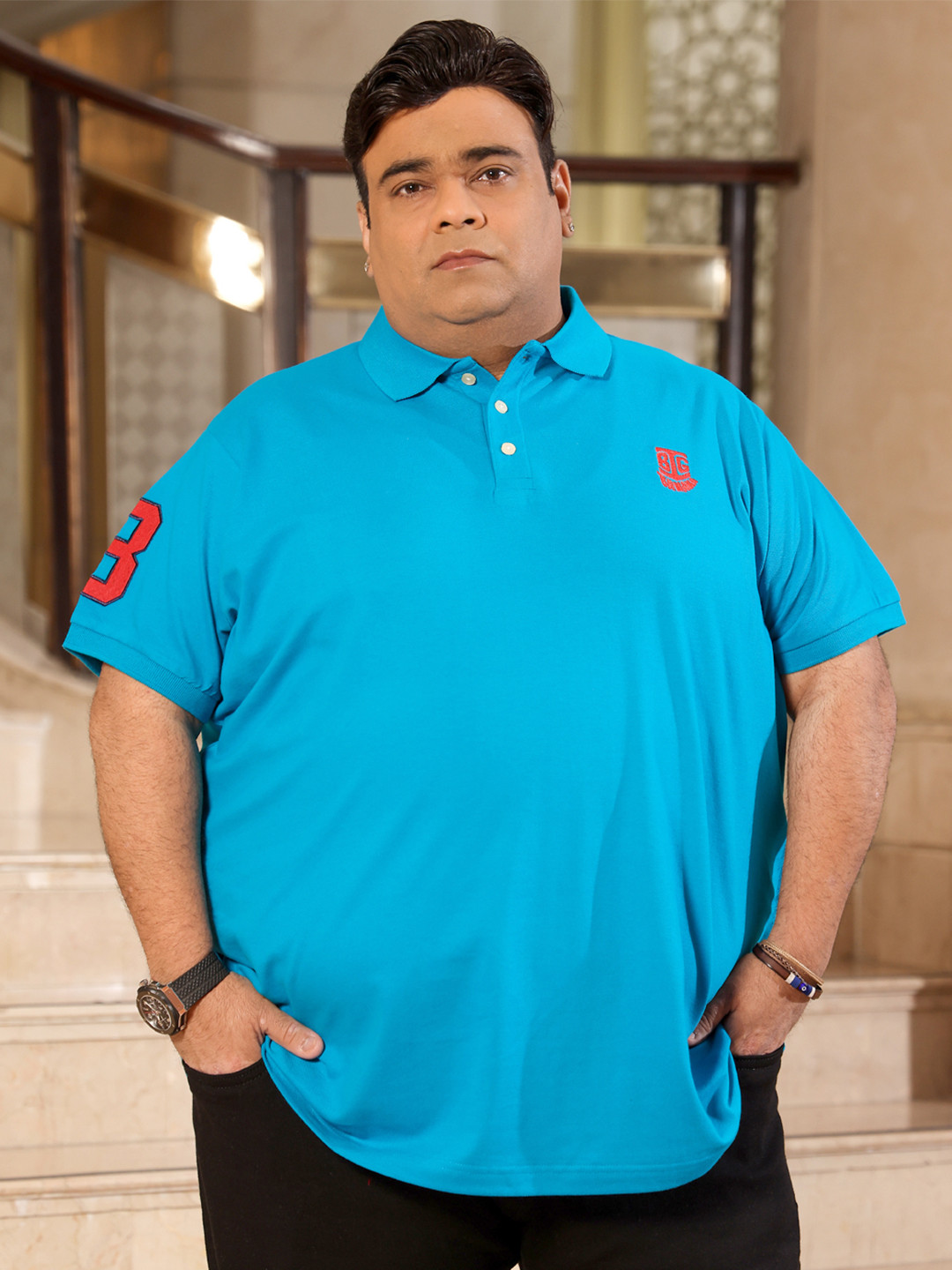 bigbanana Men Plus Size Turquoise Blue Solid Polo Collar Pure Cotton T-shirt
