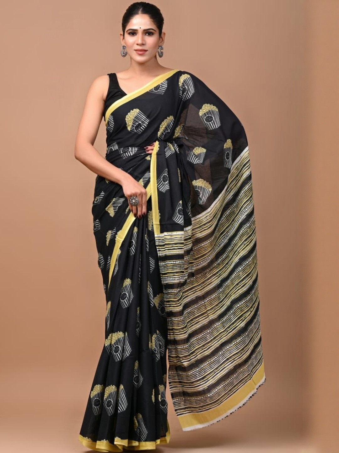Navayarn popcorn Printed Pure Cotton Block Print Saree
