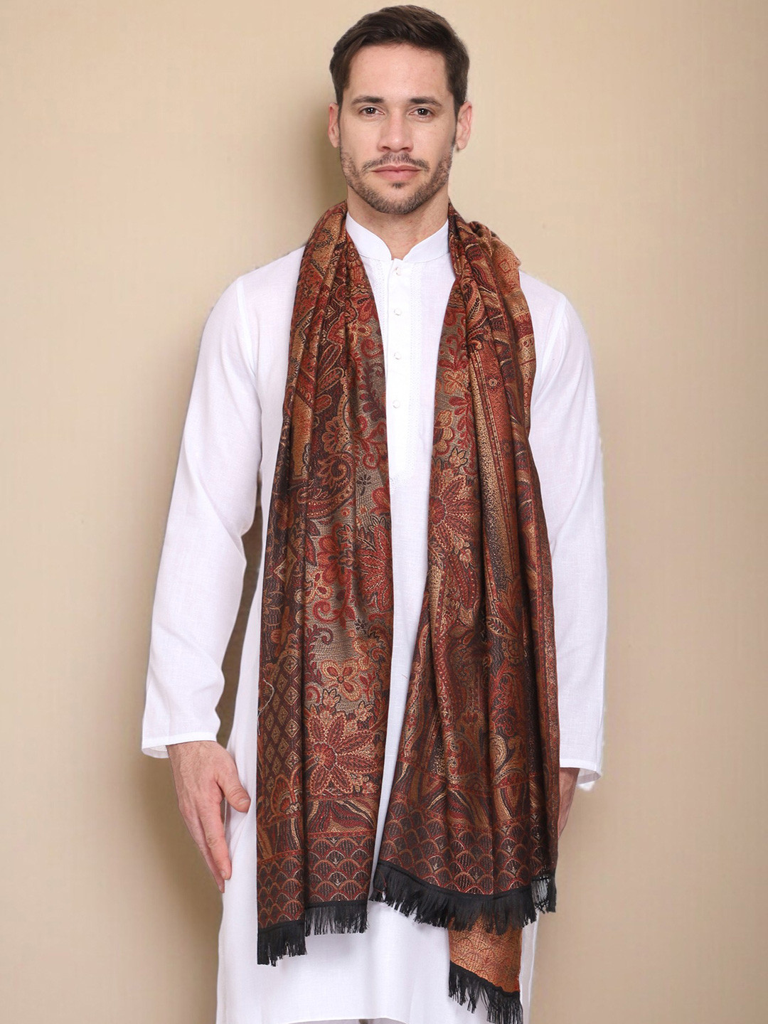 WEAVERS VILLA Men Woven Printed Frayed Border Winter Shawl