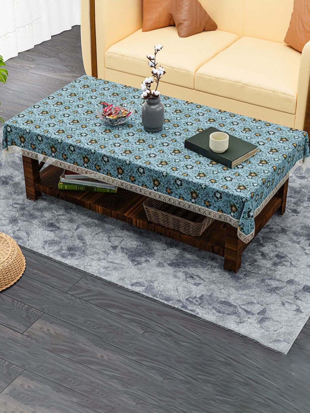 HOMESTIC Grey Floral Anti-Skid Plastic 4-Seater Table Cover