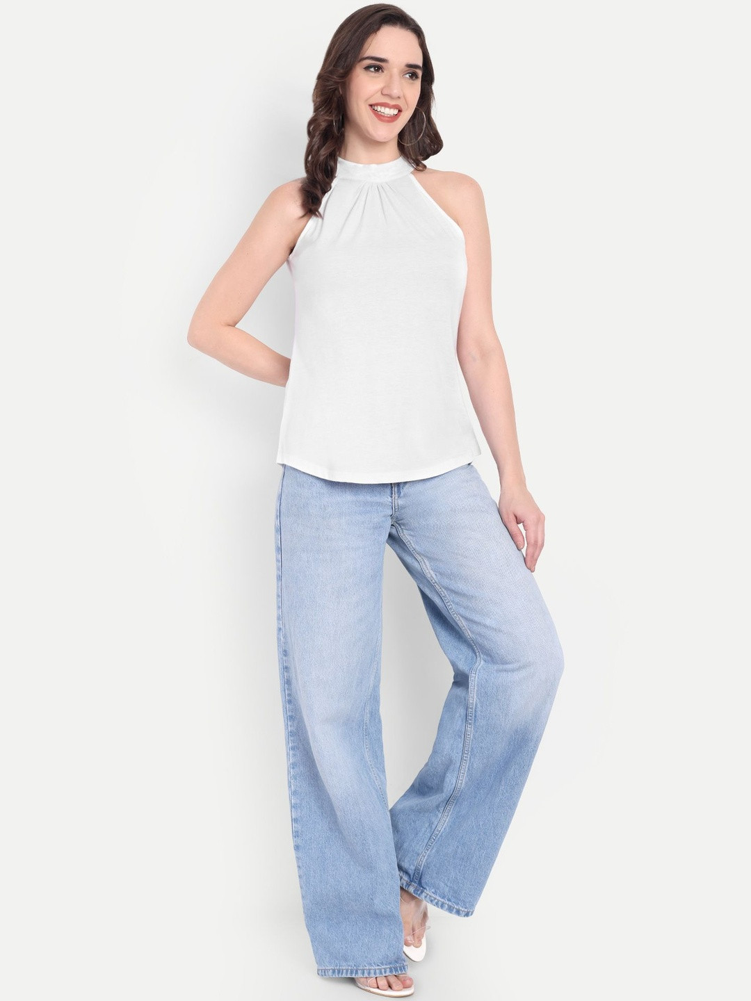 FairLeaf Women Gathered or Pleated Halter Neck Sleeveless Cotton Top