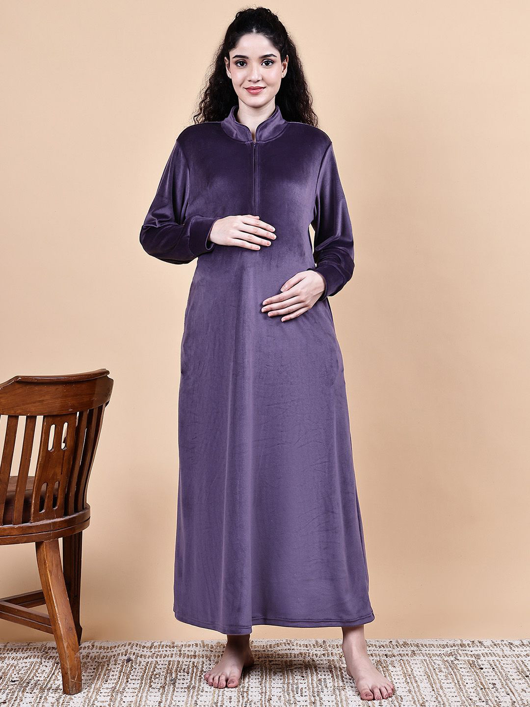 Secret Wish Women Solid Velvet Winter Maternity Maxi Nightdress