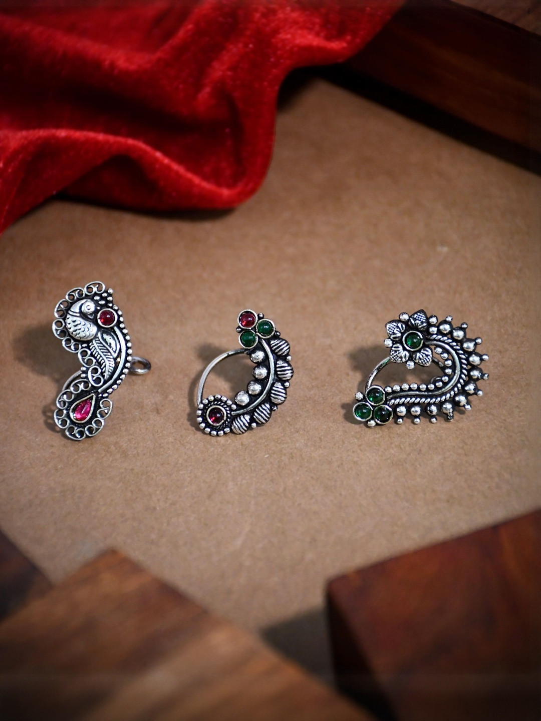 NAMAN ARTS Set Of 3 Silver Plated Artificial Stones Studded Maharashtrian Stud Nosepins