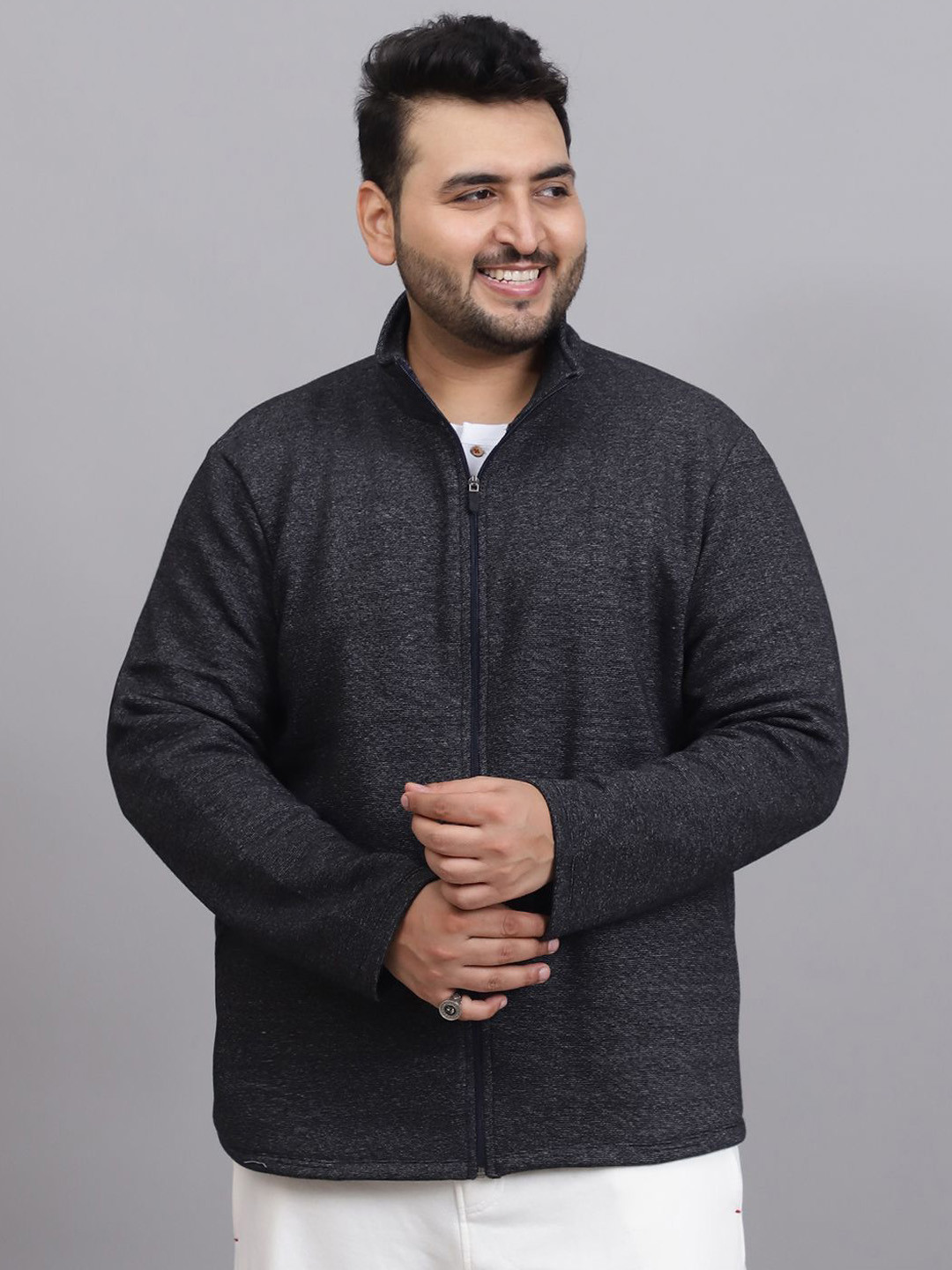 Moonaa Fashion Grey Solid Lightweight Mock Collar Jacket