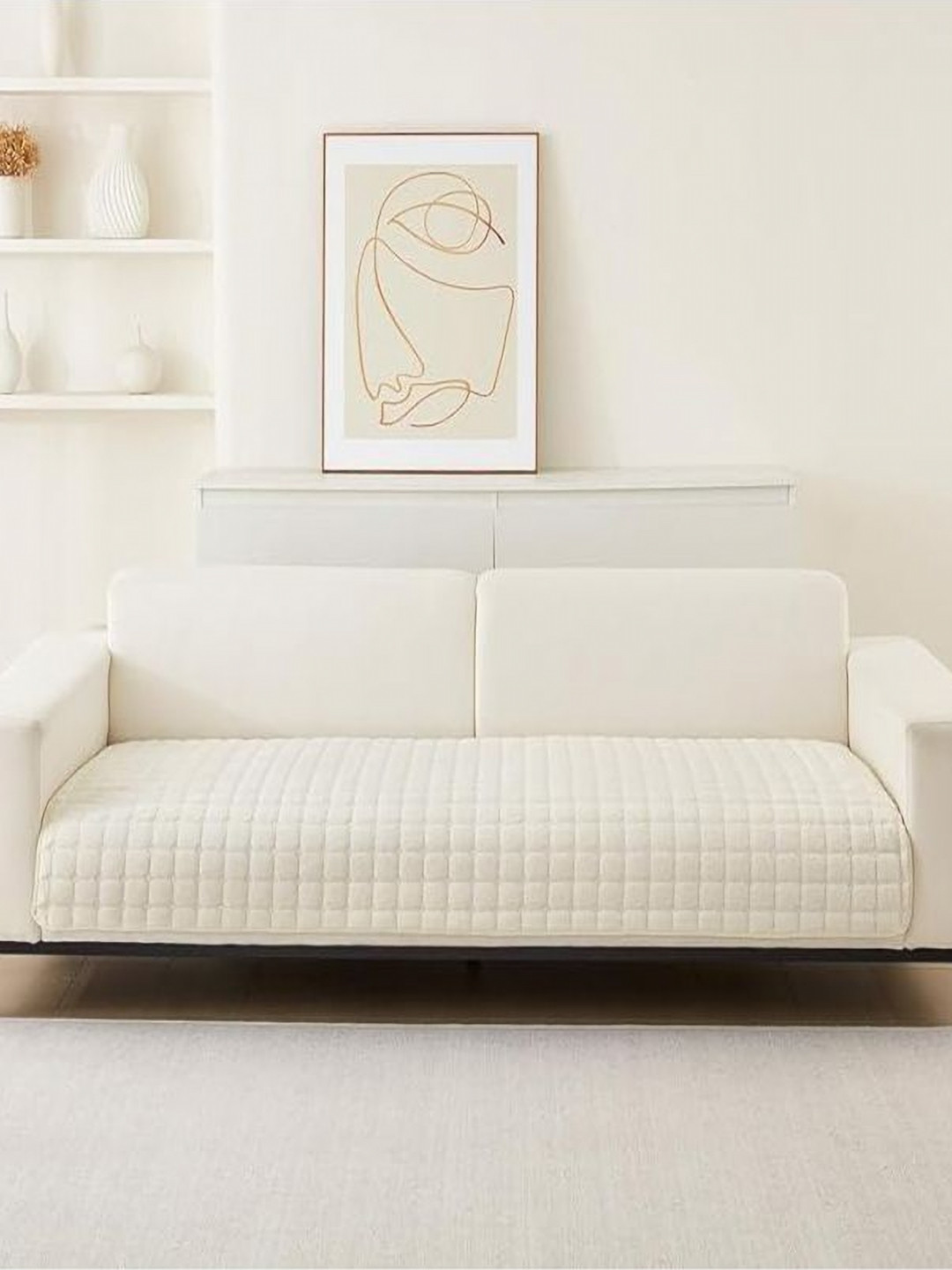 HOUSE OF QUIRK Cream Velvet Check Anti-Slip Stretch Sofa Mat 70cm x 1.4m