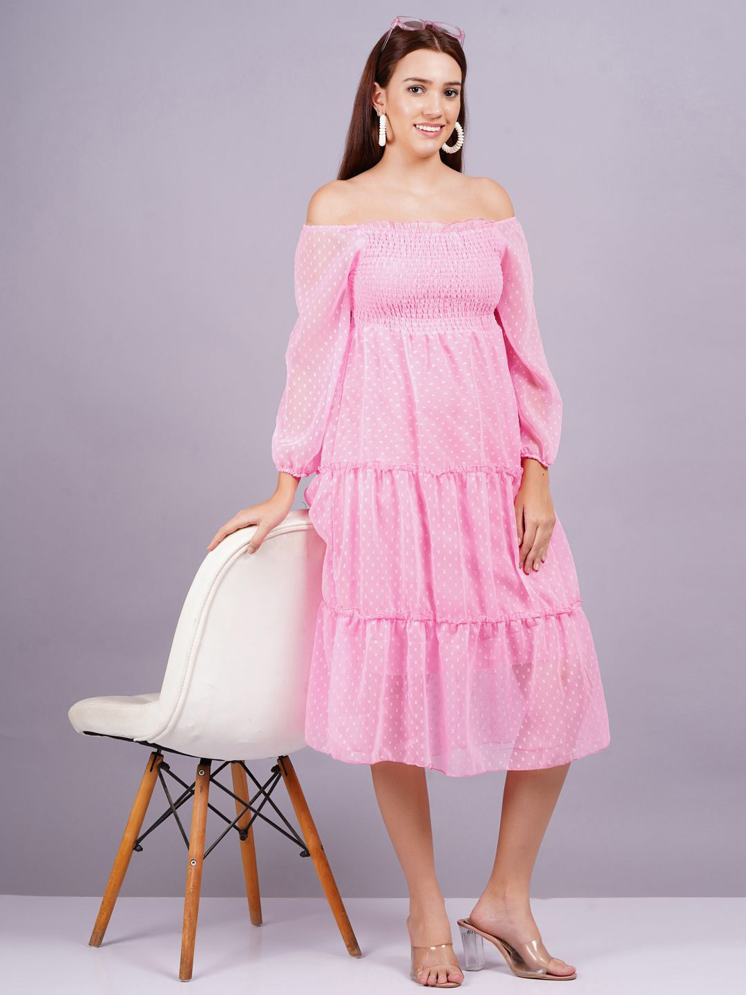 OH MI DIOS Polka Dot Print Off-Shoulder Georgette Fit & Flare Midi Dress