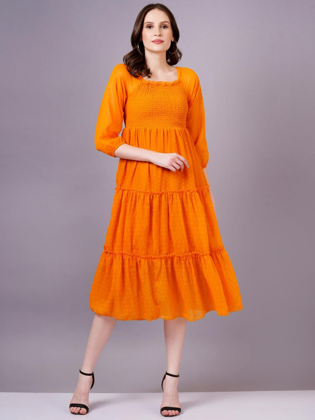 OH MI DIOS Orange Solid Georgette Midi Dress