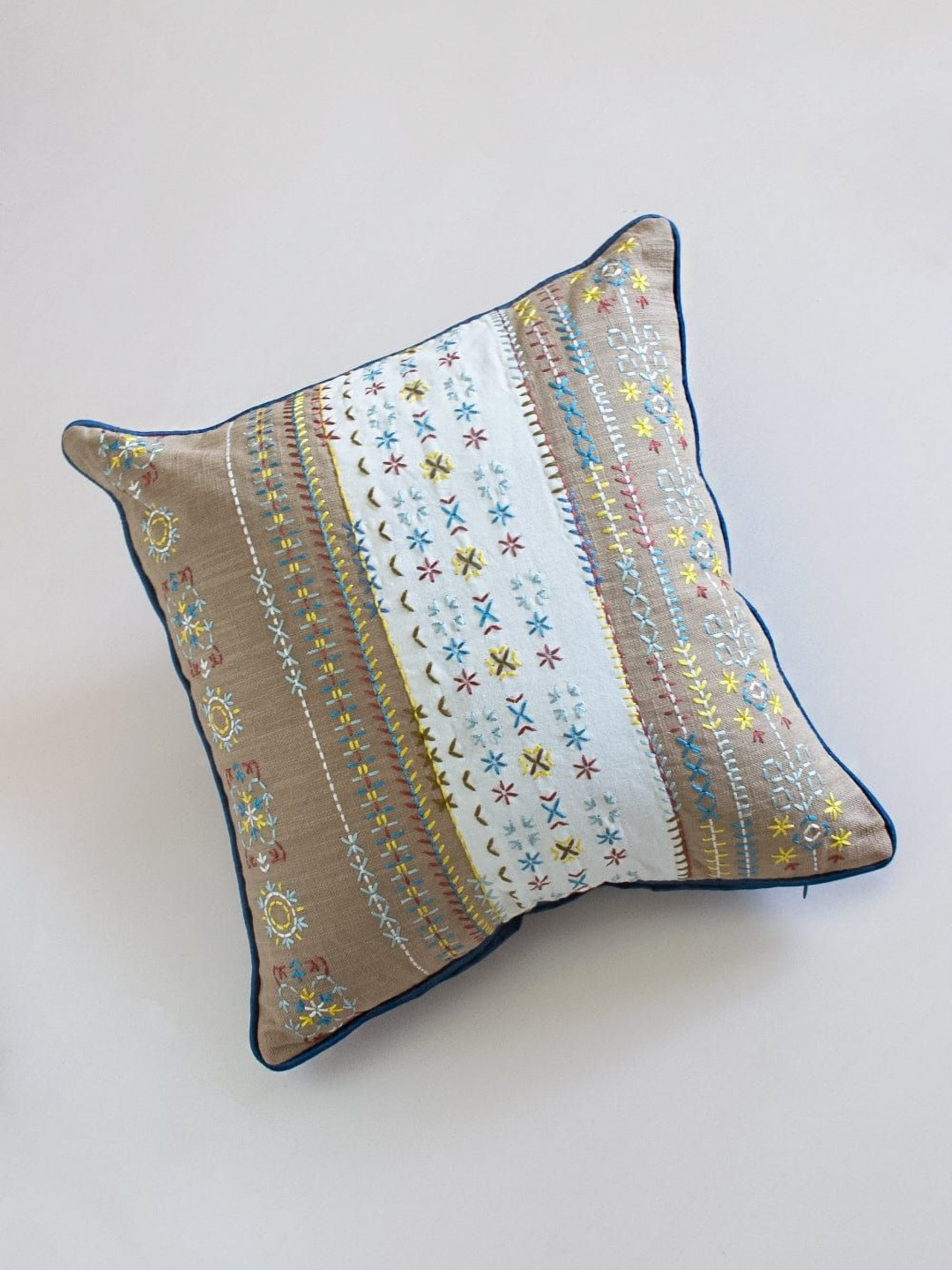 The Wishing Chair Beige & Blue Ethnic Motifs Embroidered Square Cotton Cushion Covers