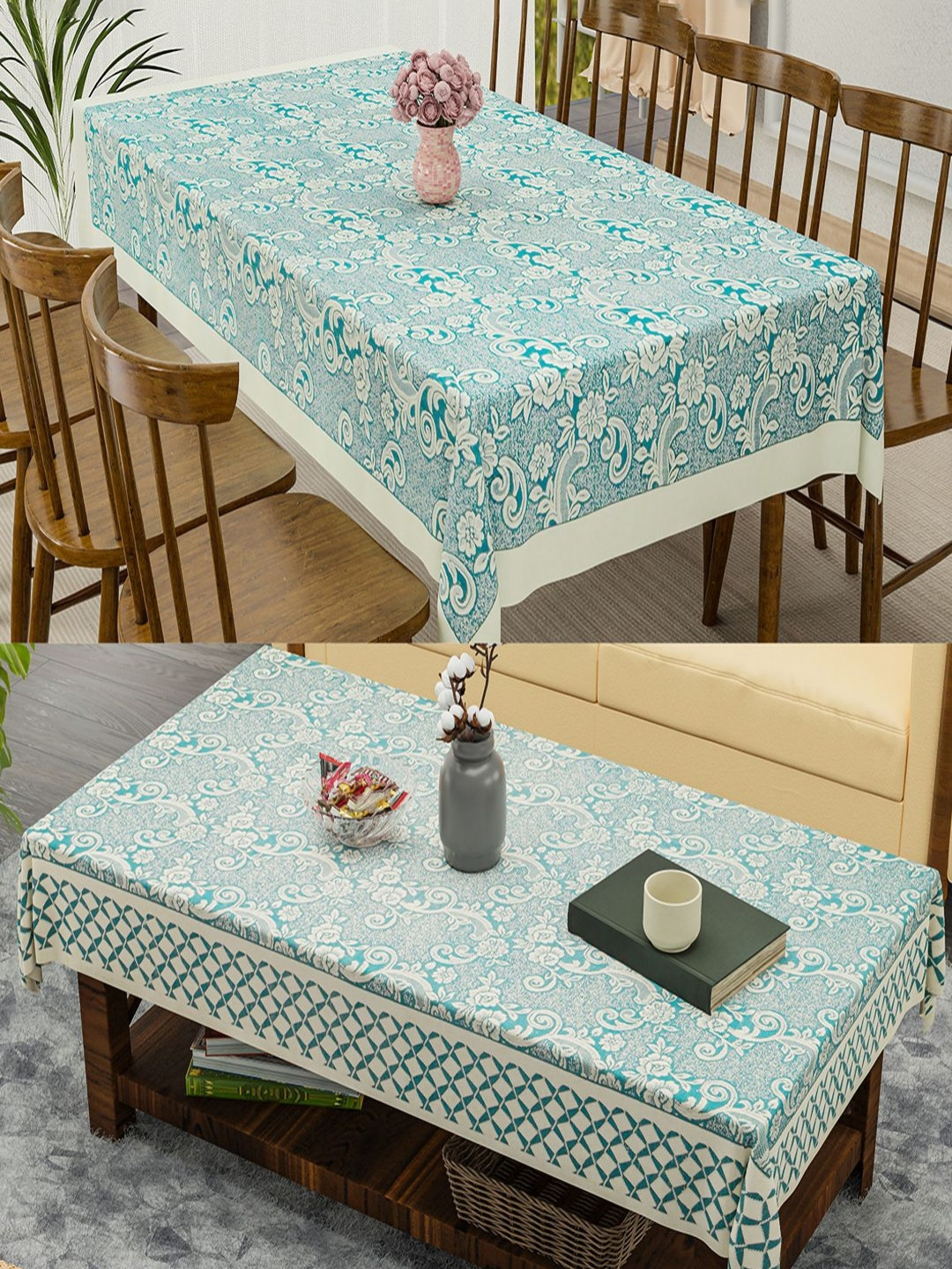 HOMESTIC Cream And Green 2 Pieces Floral Printed Anti-Skid Cotton 6-Seater Table Cover