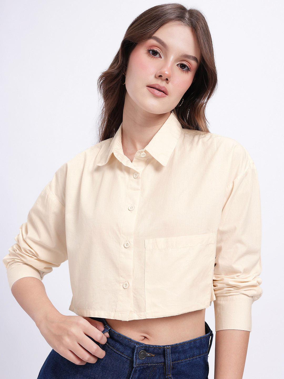 glitchez Loose Fit Poplin Crop Casual Shirt