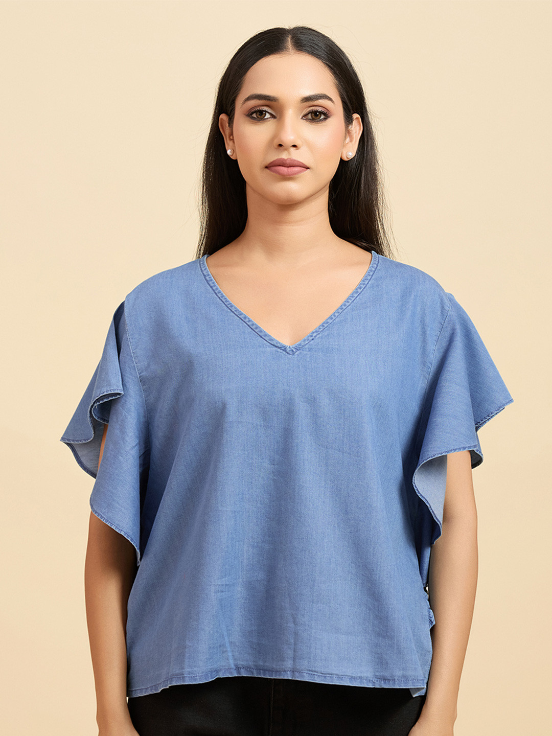 Komarri U Women Flutter Sleeve Ruffles Cotton Denim Top