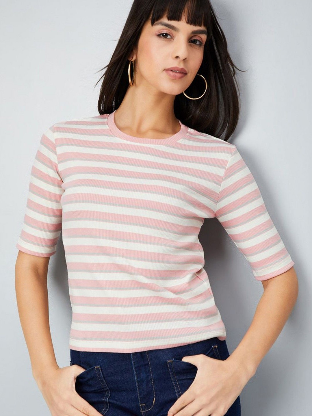 StyleDrawer Striped Round Neck Short Sleeves Cotton T-shirt