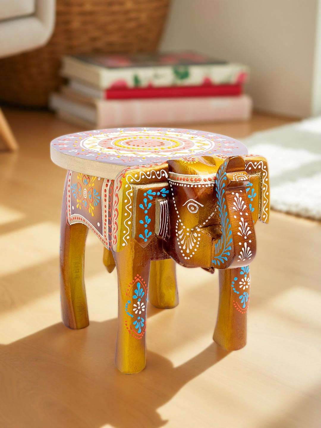 Golden Peacock Elephant Stool Yellow Wood Natural Living Room Hand-Crafted Medium Showpiece - 7.9 Inches