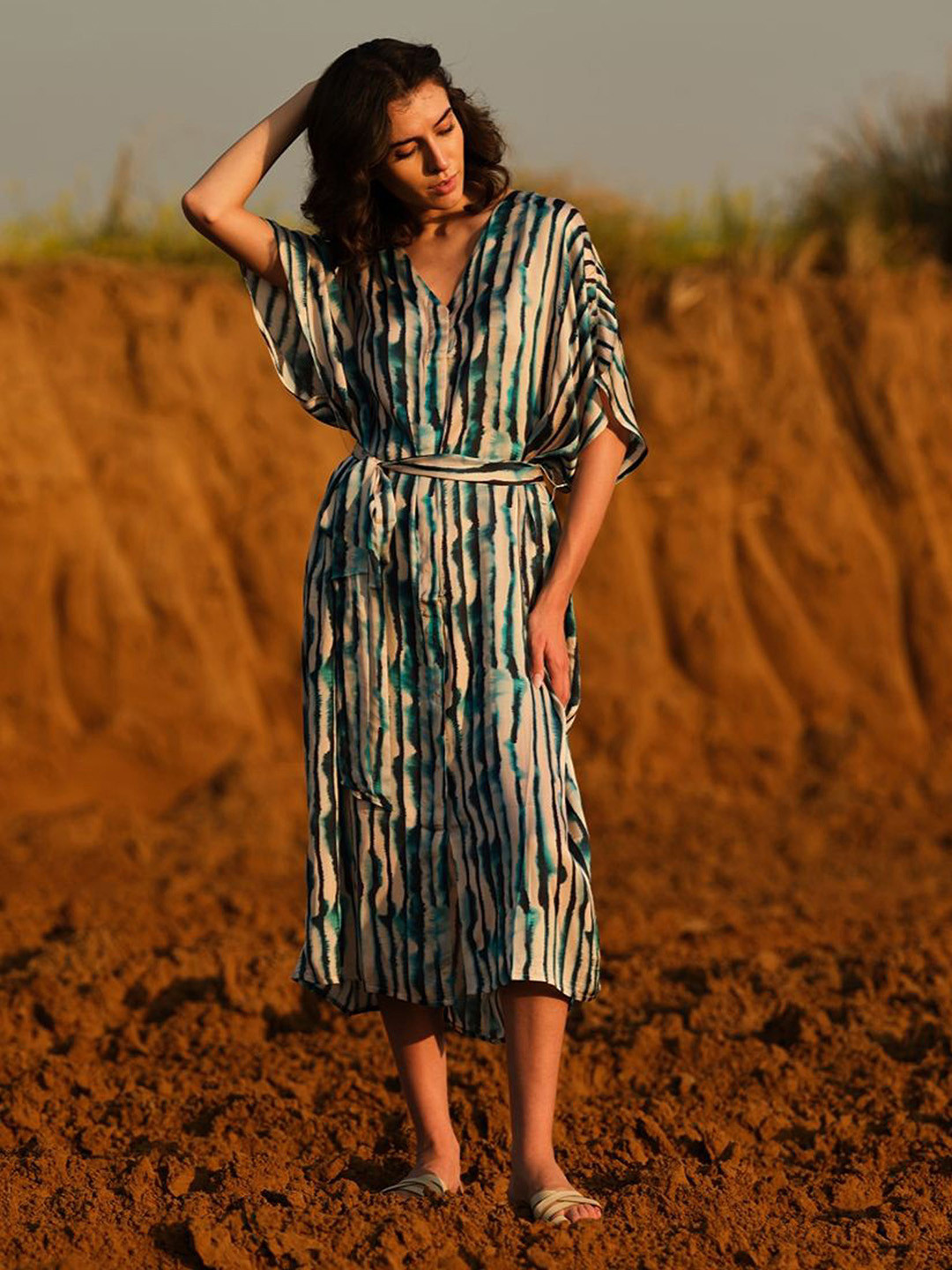 AFRIYA Striped Printed Kimono Sleeve Kaftan Midi Dress