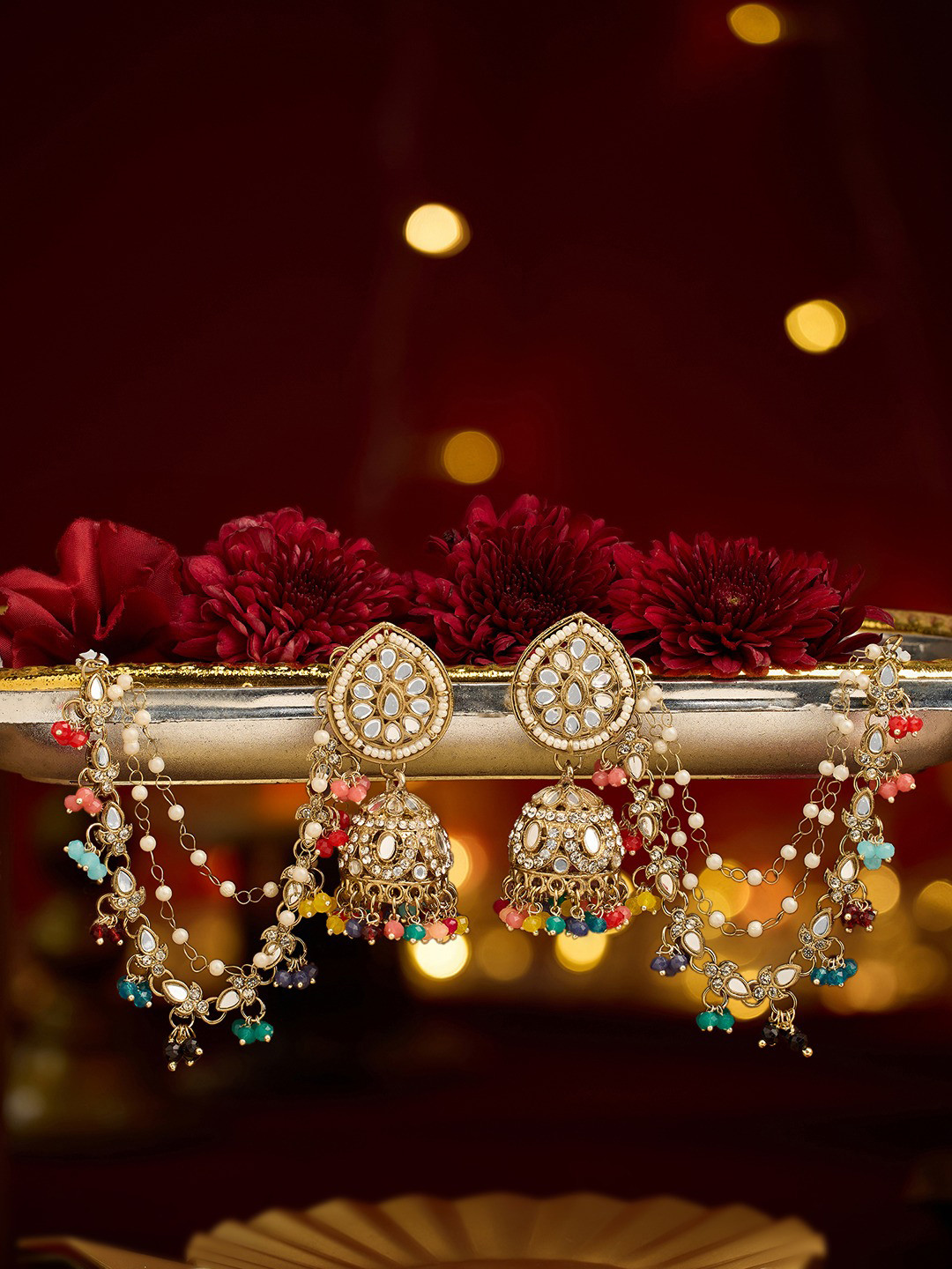 Zaveri Pearls Women Contemporary Jhumkas Earrings With Ear Chain