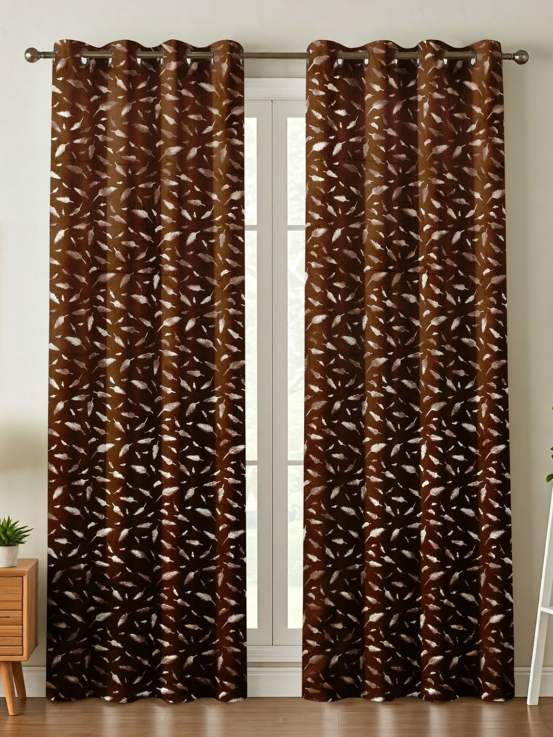 Kiara Creations Pankh Brown 2 Pieces Printed Velvet Room Darkening Long Door Curtains