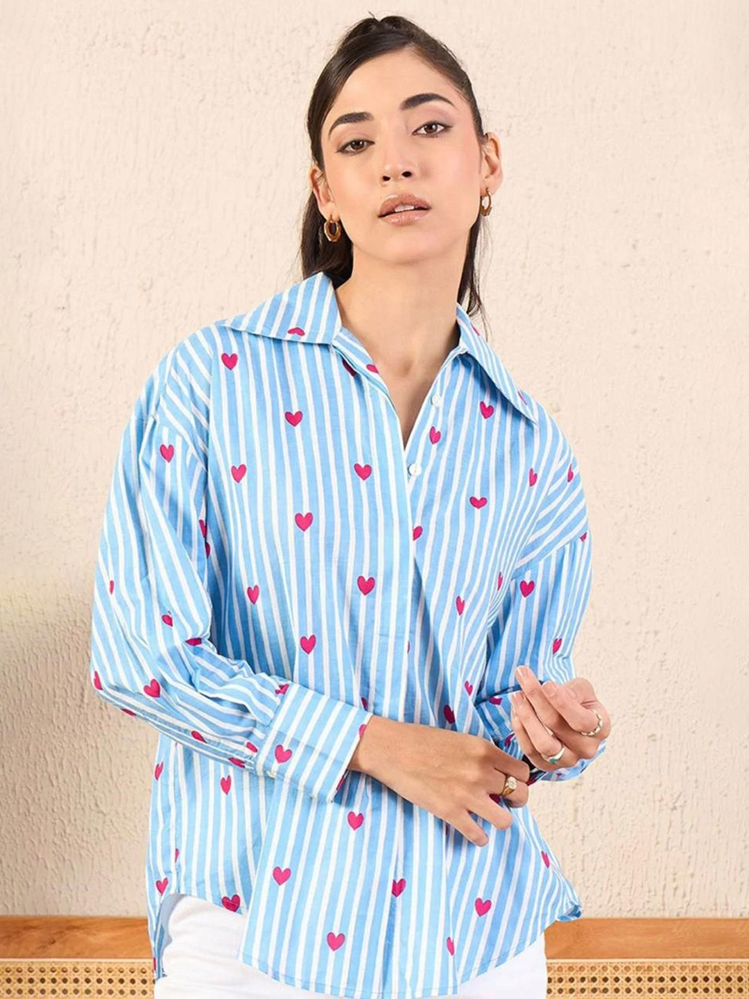 ANN SPRINGS Women New Relaxed Fit Vertical Striped Spread Collar Casual Shirt