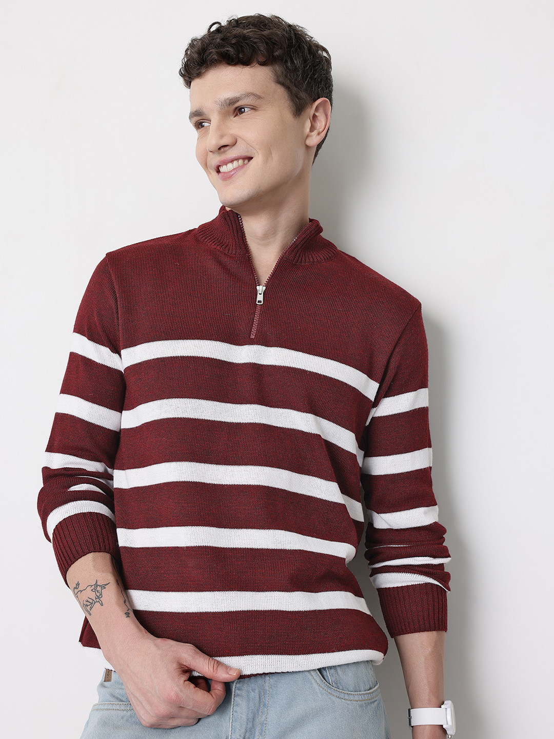 Mast & Harbour Half Zipper Striped Pullover