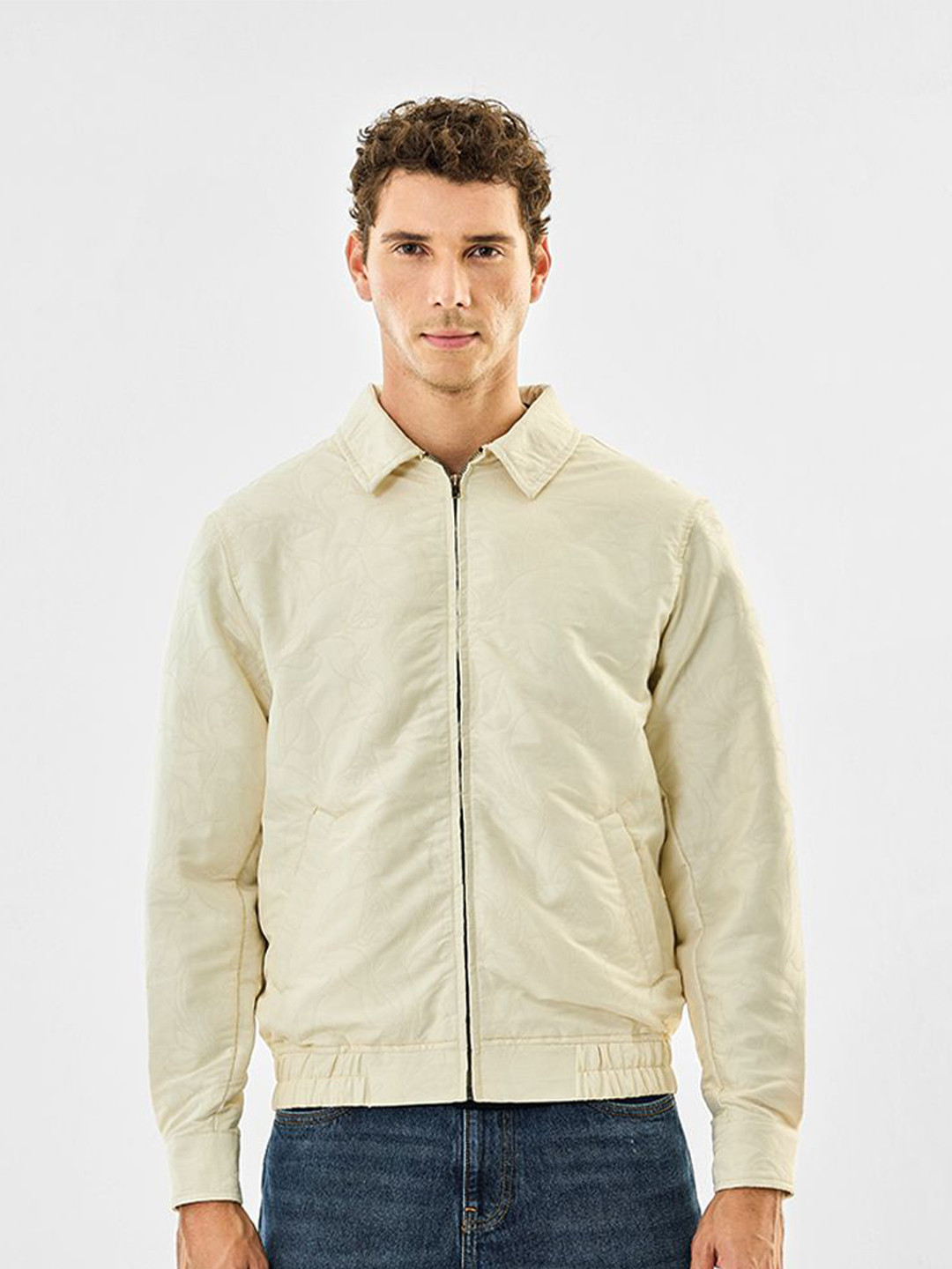 Snitch Men Cream Floral Bomber With Embroidered Jacket