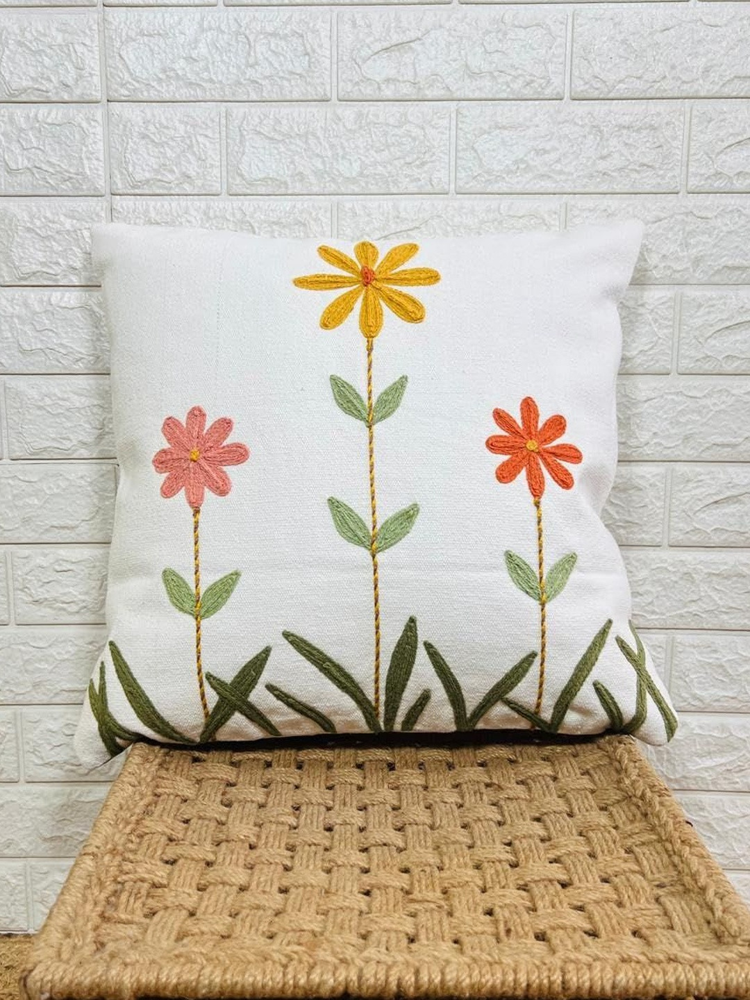 Indihomecraft White & Yellow Emboridery Abstract Square Cushion Covers