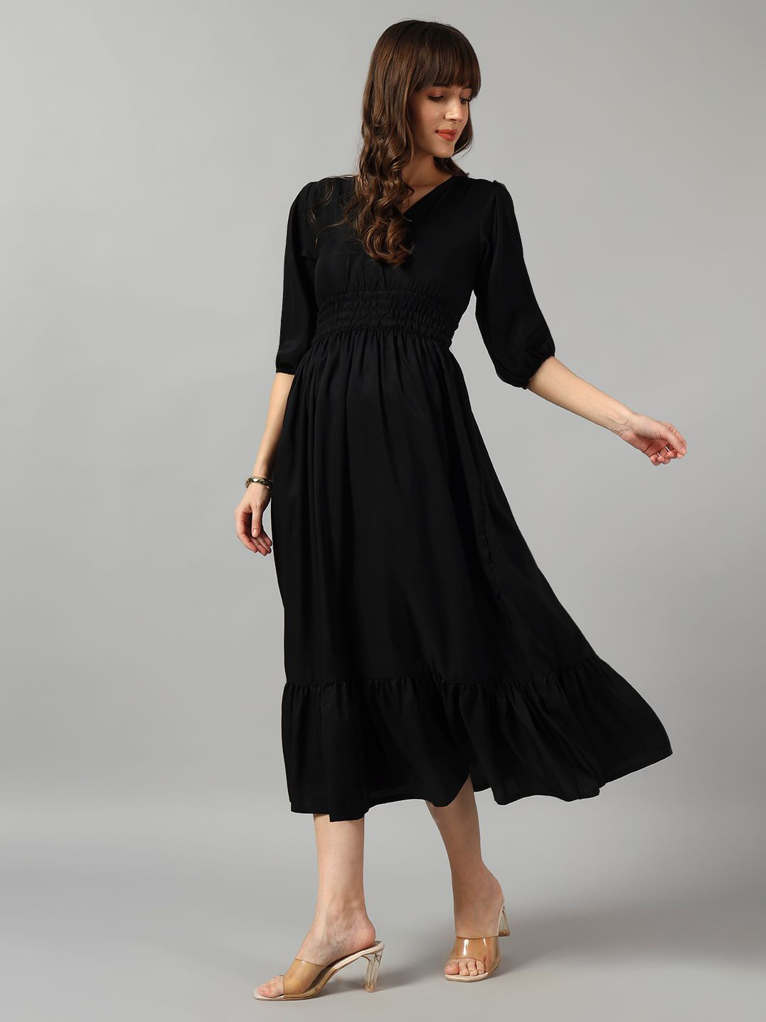 Raiyani Enterprise Women Khuzali Puff Sleeve Crepe Fit & Flare Midi Dress